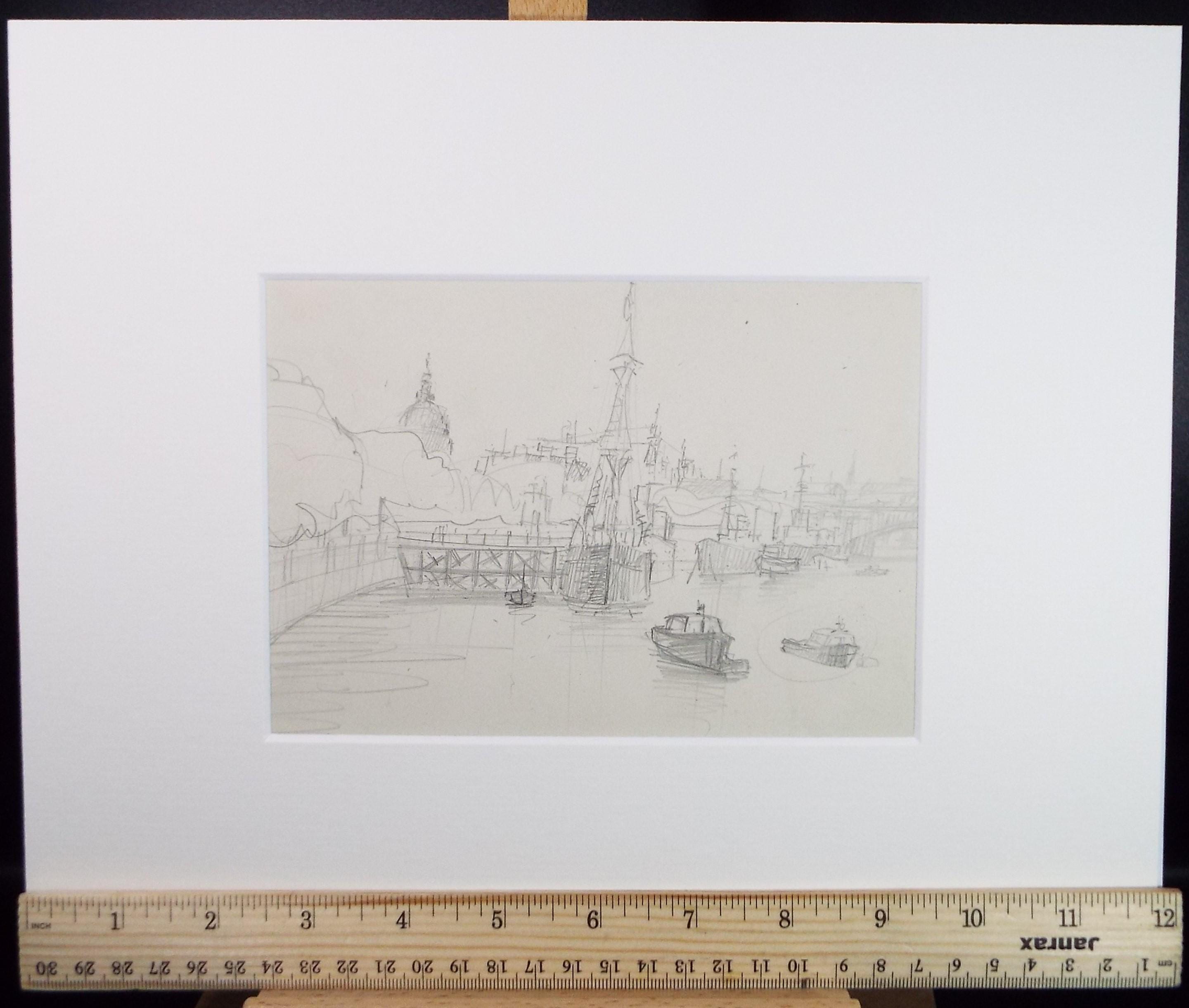 Original Pencil Sketch,'The Thames at London', unknown artist, circa 1970's