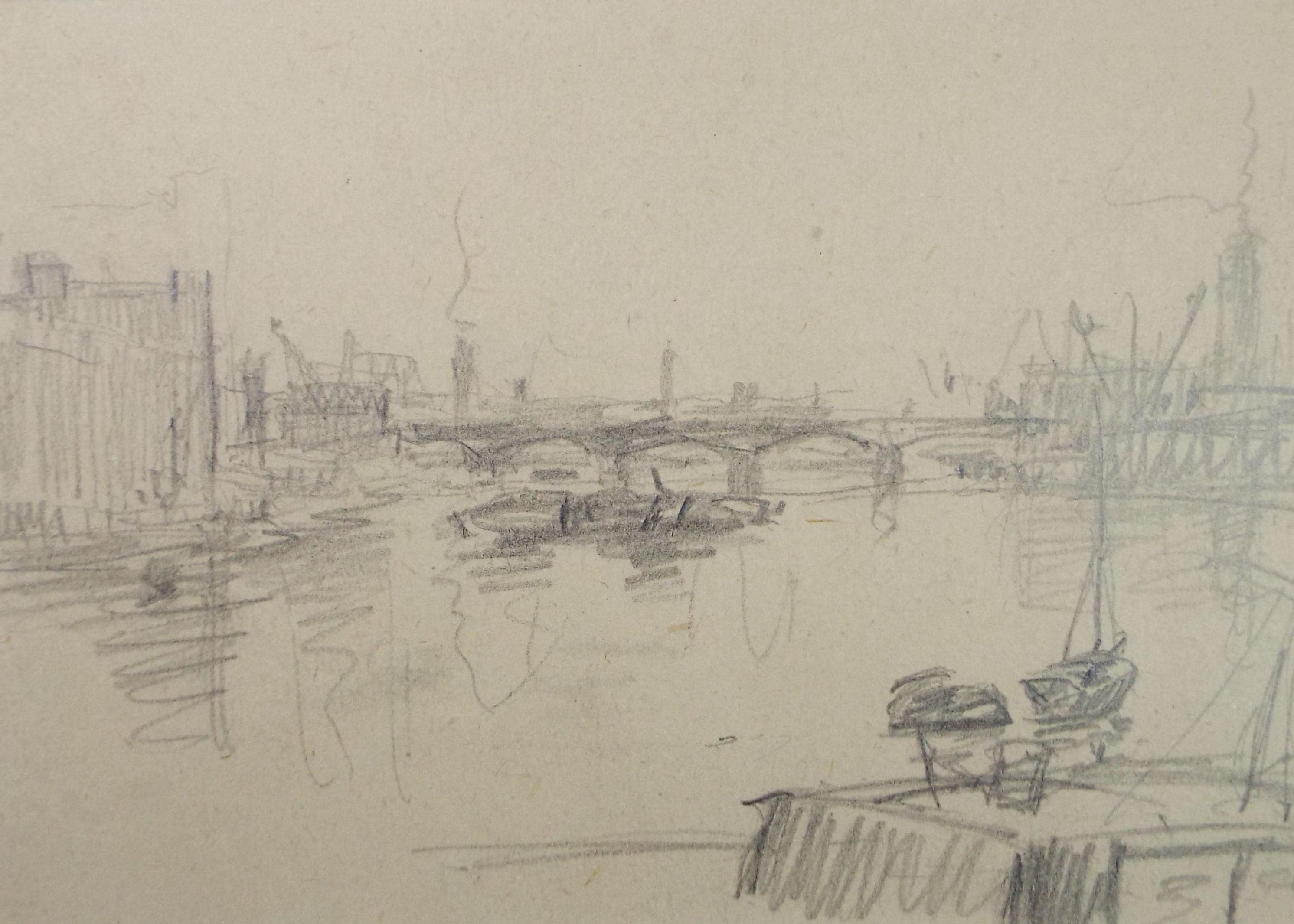 Original Pencil Sketch,'The Thames at London', unknown artist, circa 1970's