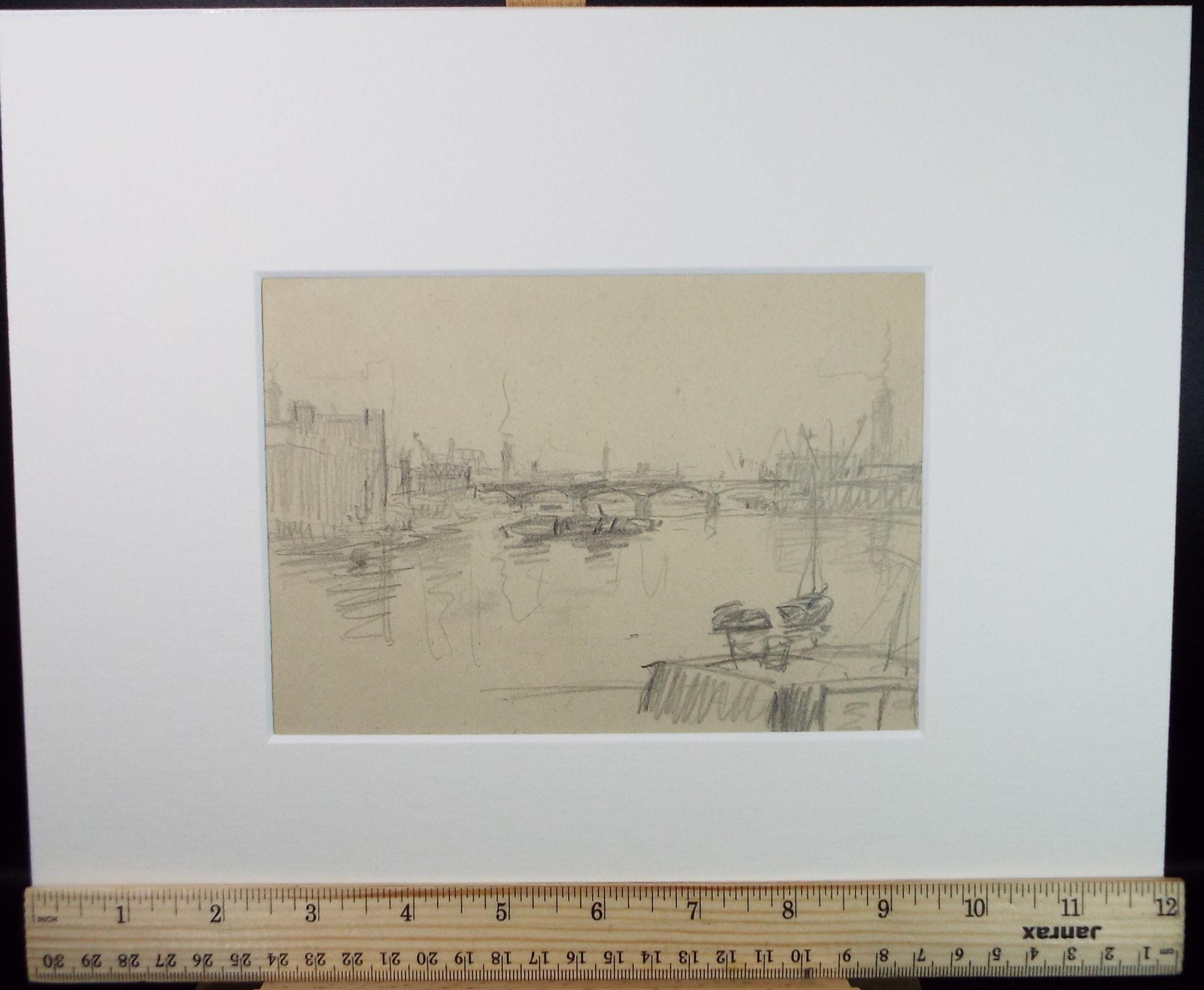 Original Pencil Sketch,'The Thames at London', unknown artist, circa 1970's