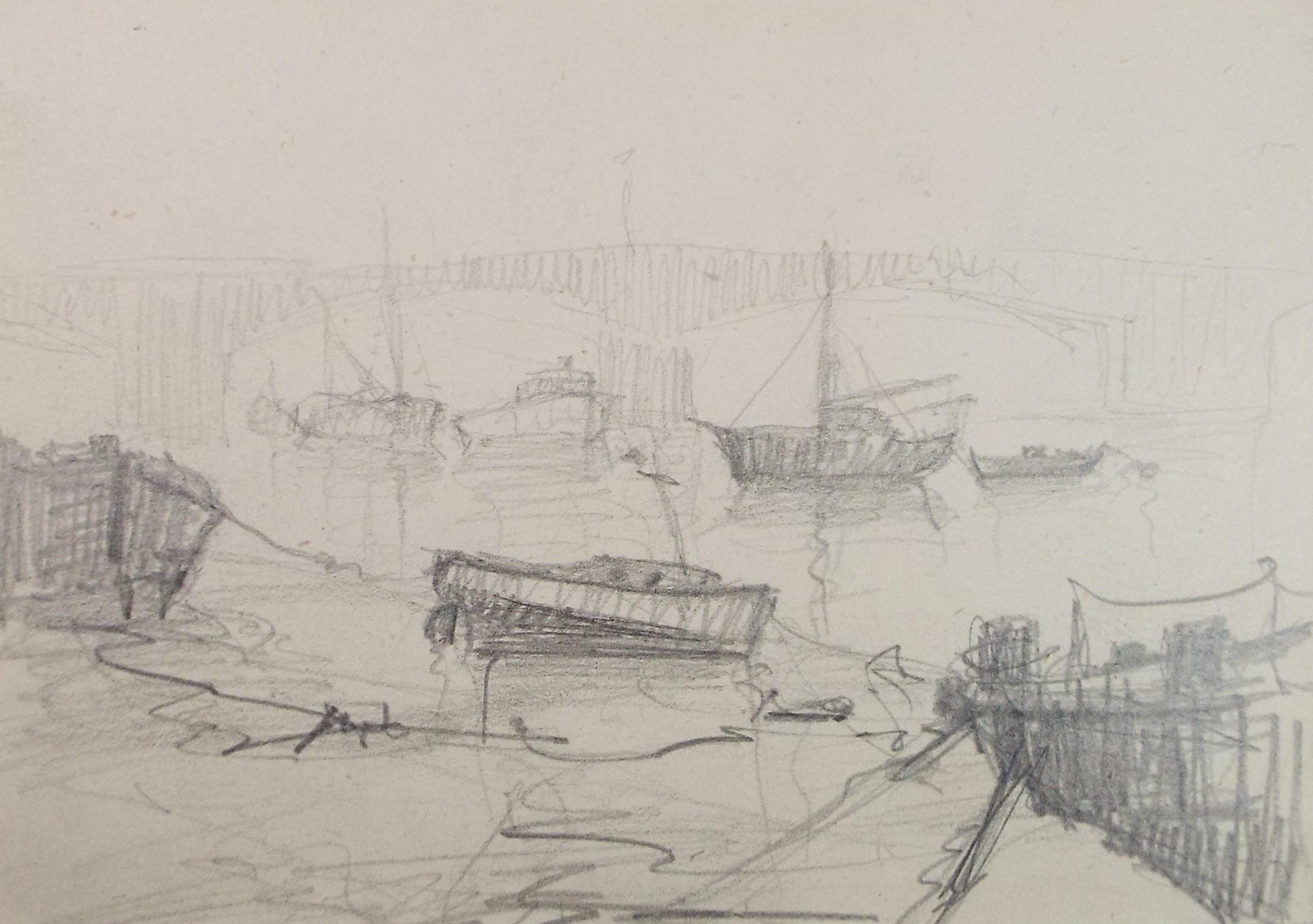Original Pencil Sketch,'The Thames at London', unknown artist, circa 1970's