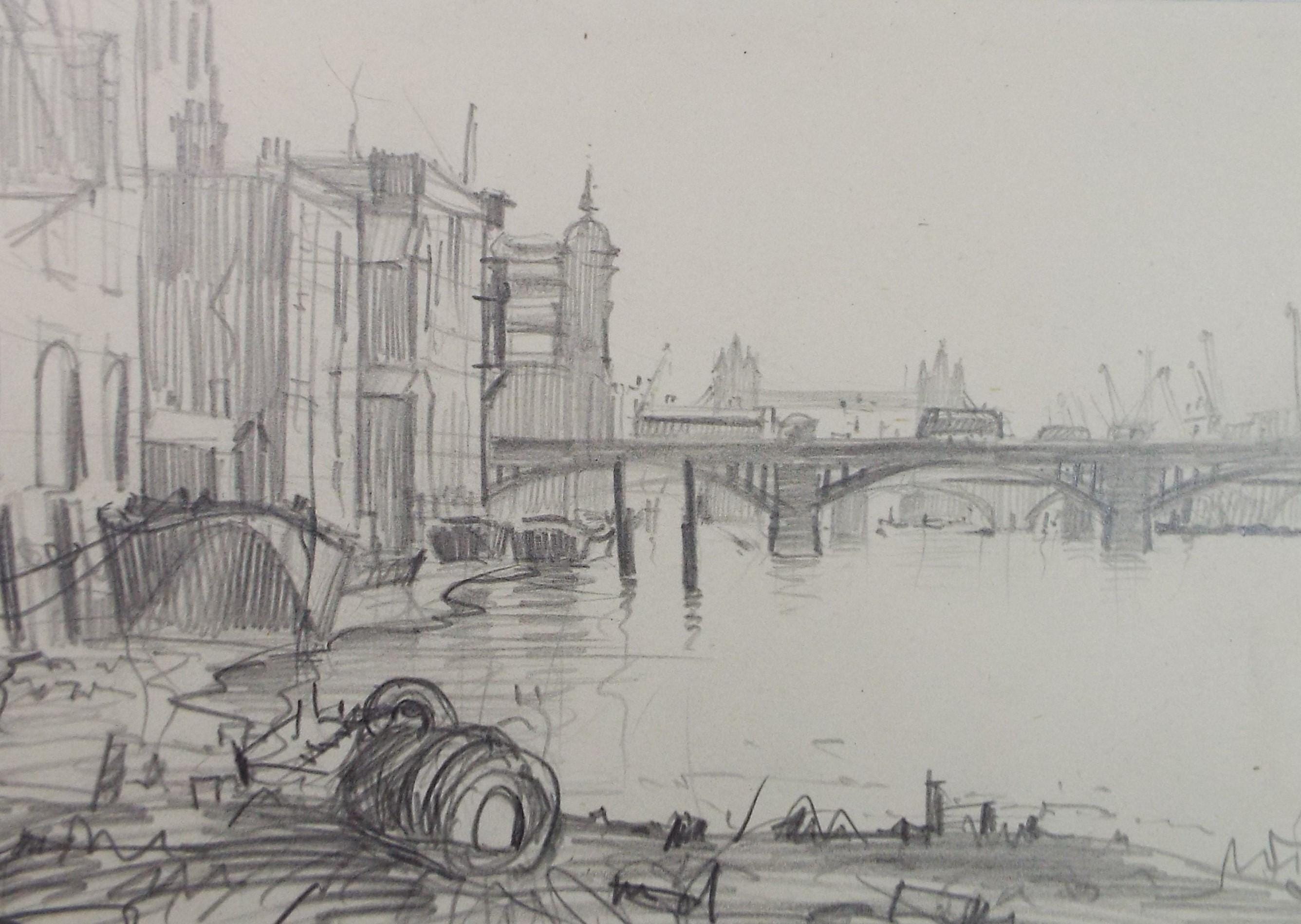 Original Pencil Sketch,'The Thames at London', unknown artist, circa 1970's