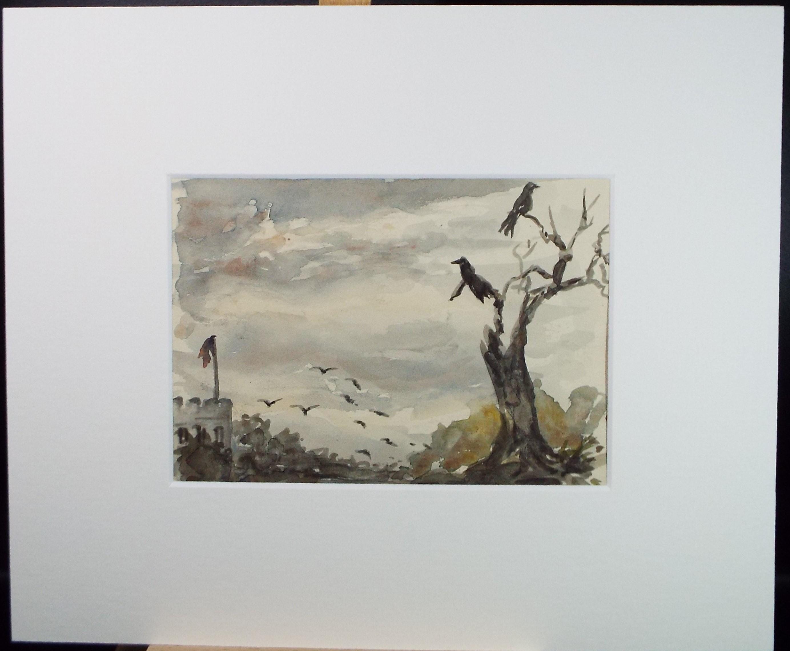 Original Watercolour Sketch, 'Ravens at the Tower', unknown artist, circa 1970's