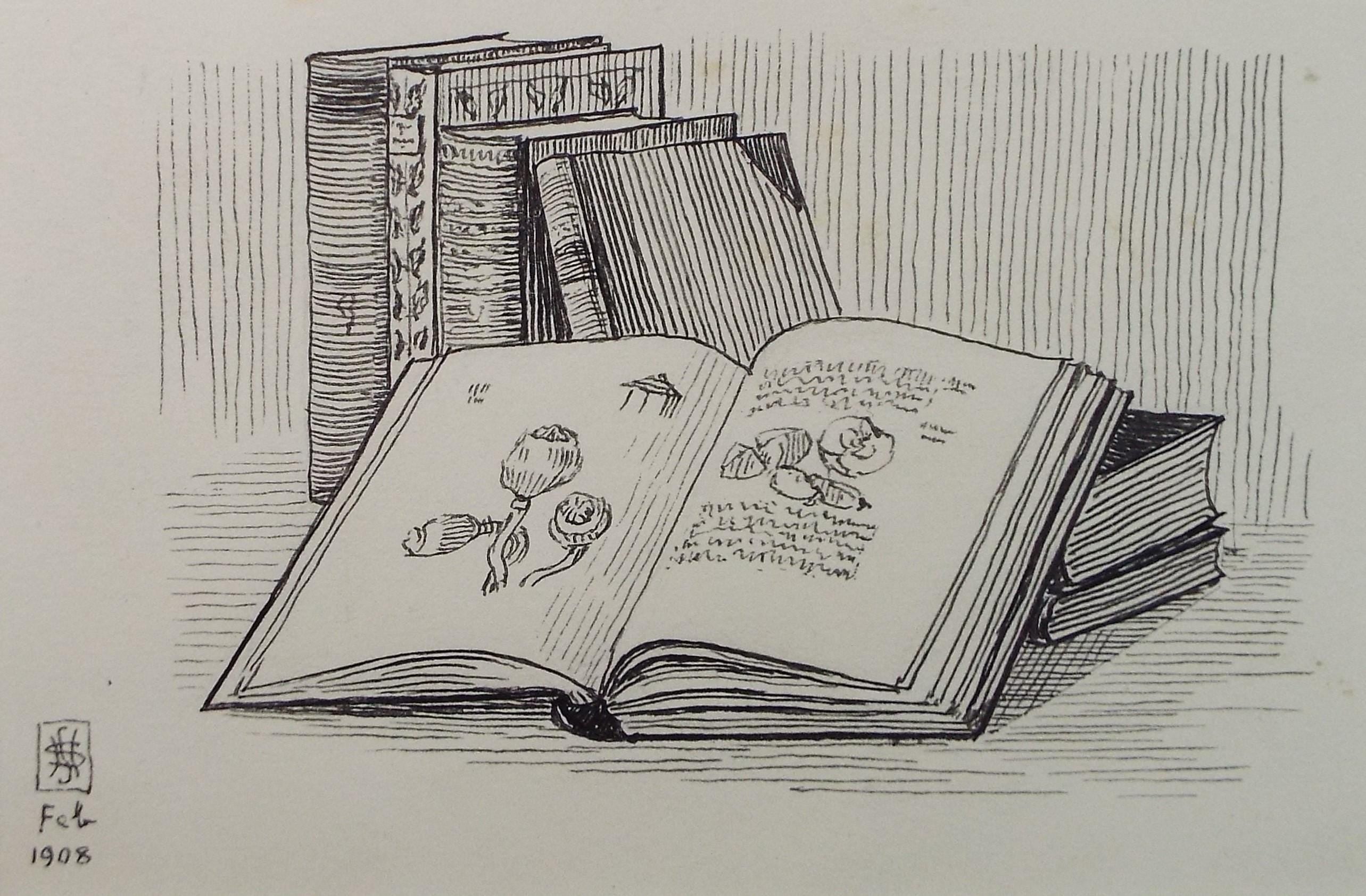 Original Pen & ink Sketch, 'Study of Books', S A Southern, Dated 1908