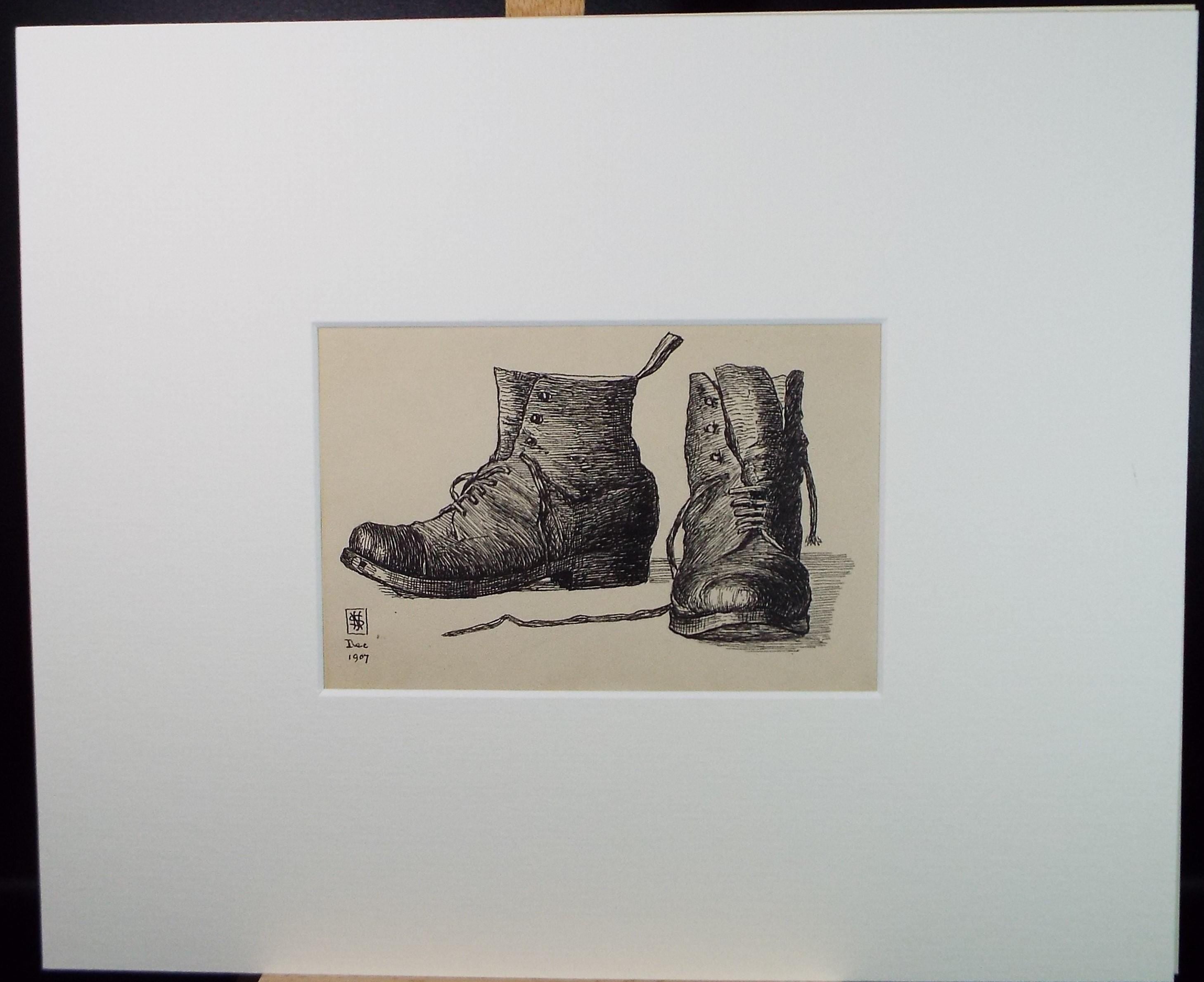 Original Pen & ink Sketch, 'Study of Boots', S A Southern, Dated 1907