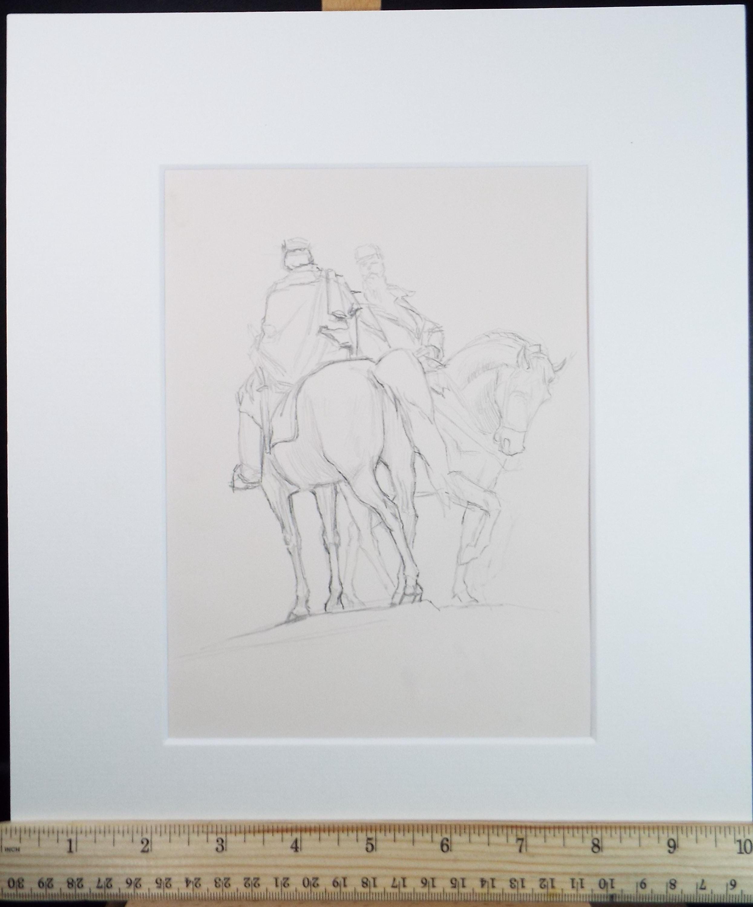 Pencil drawing 'Mounted Legionnaires', Pauline Plummer (b1933), Circa 1970's