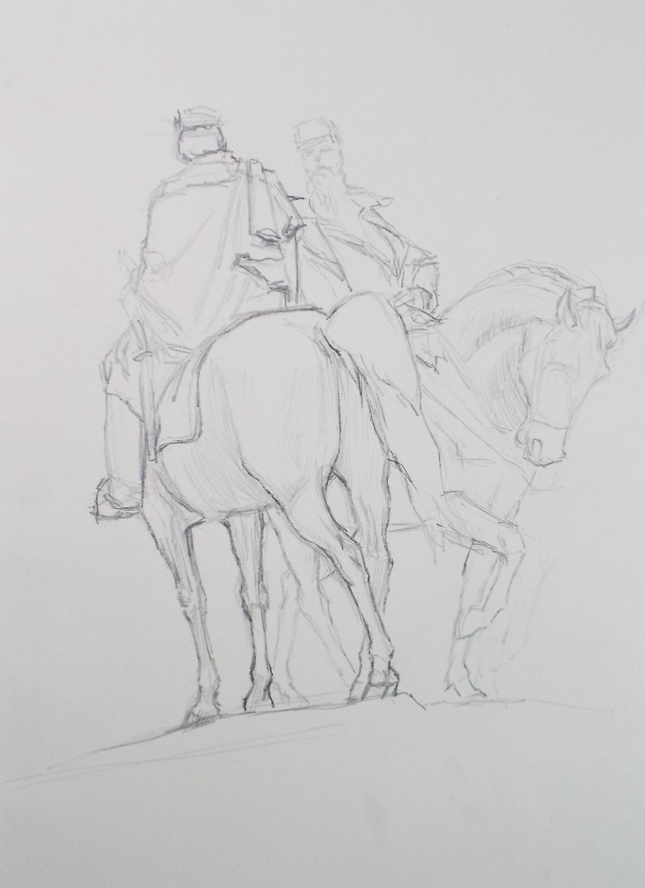 Pencil drawing 'Mounted Legionnaires', Pauline Plummer (b1933), Circa 1970's