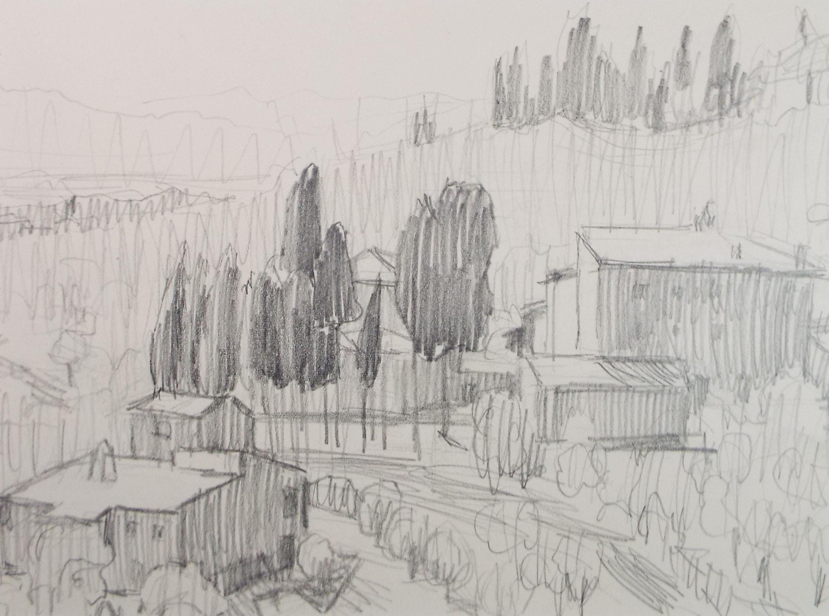 Pencil drawing 'Tuscan Landscape', Pauline Plummer (b1933), Circa 1970's