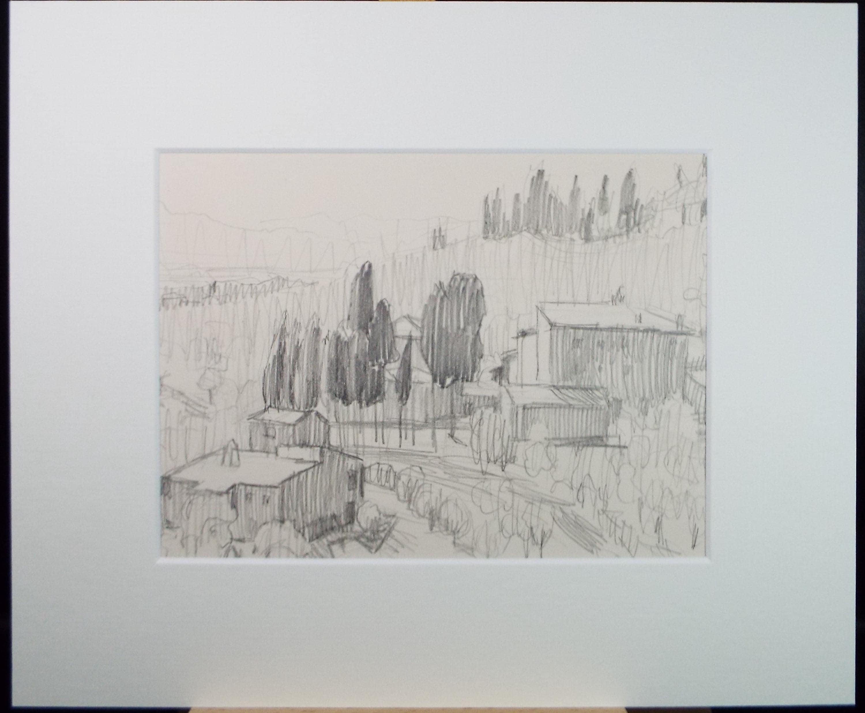 Pencil drawing 'Tuscan Landscape', Pauline Plummer (b1933), Circa 1970's