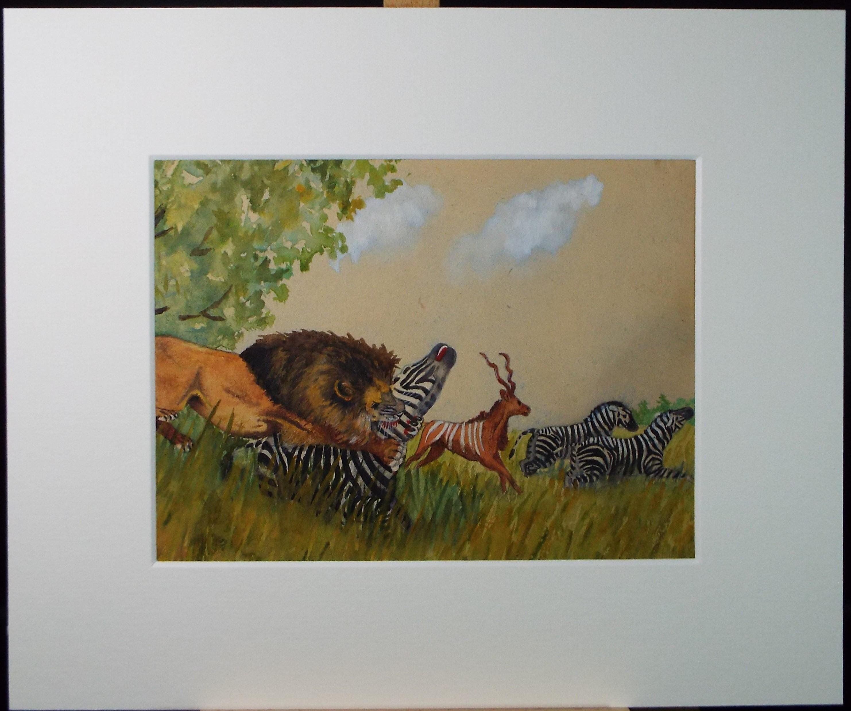 Original Watercolour, 'Hunt on the Savanna', Circa 1920's, Artist Unknown