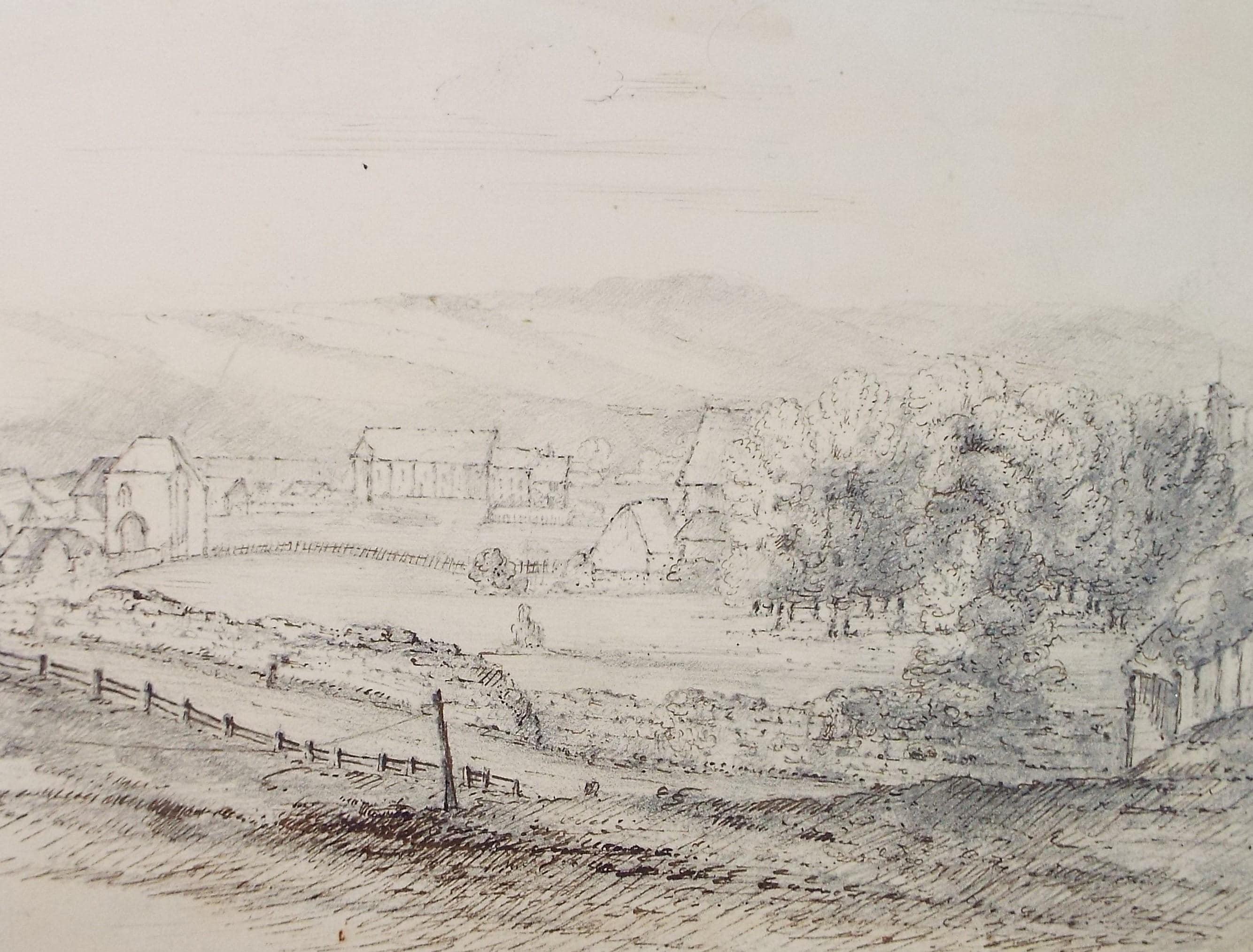Original Pen & Ink, 'Village below the Hills', Mid 19th Century, Artist Unknown