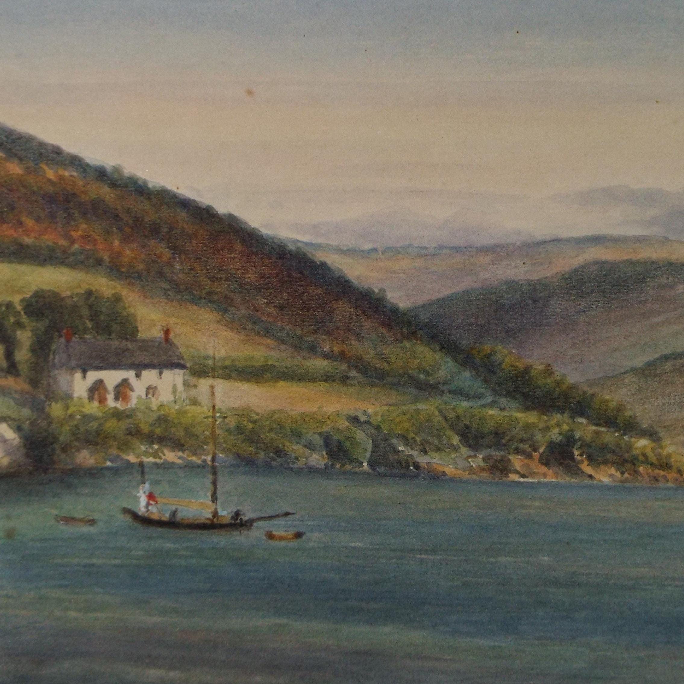 Original Watercolour, 'Coastal cottage with sailboat' Circa 1880's, unsigned