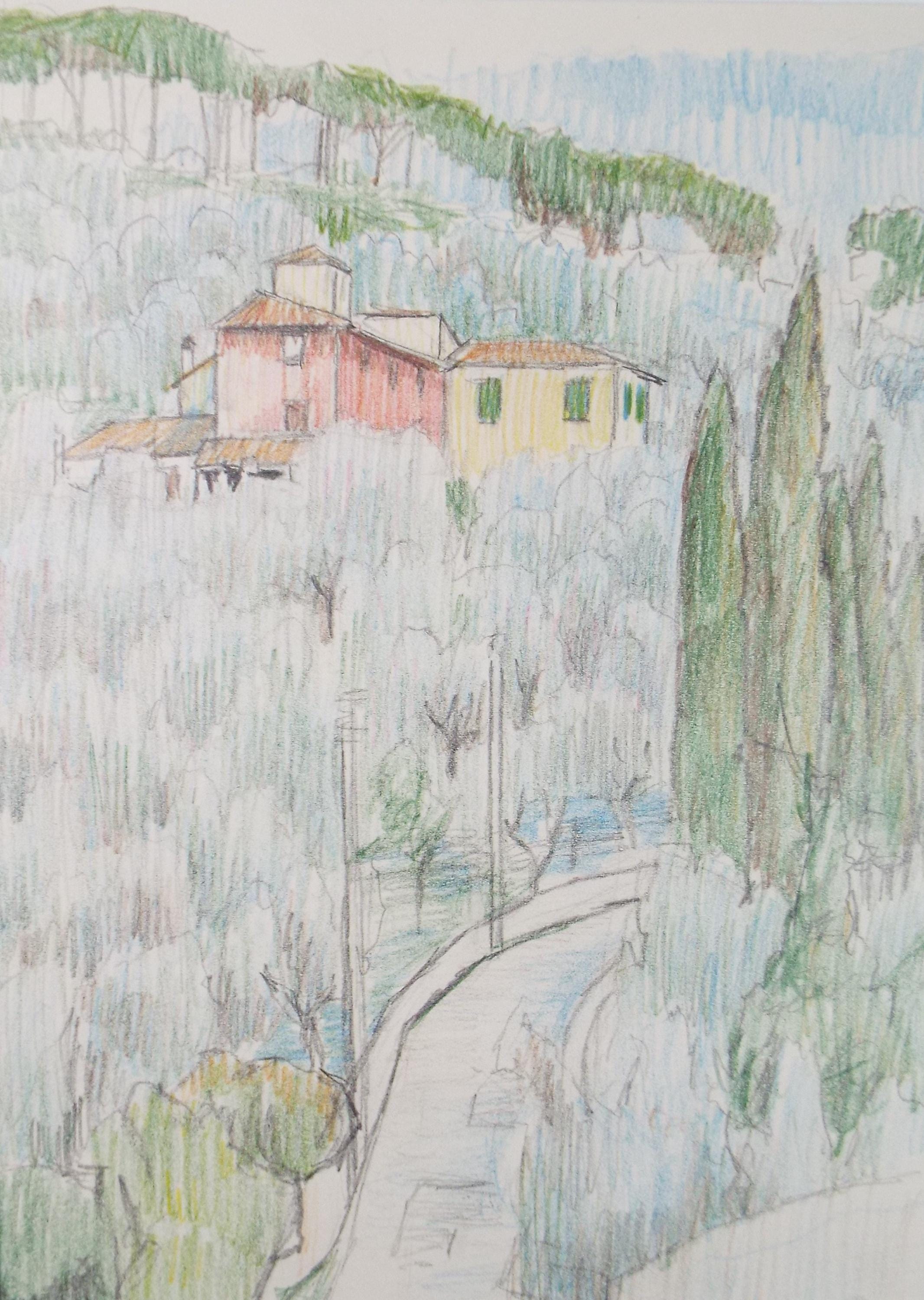 Original Pencil drawing, 'Italian Landscape', Circa 1970s, Pauline Plummer