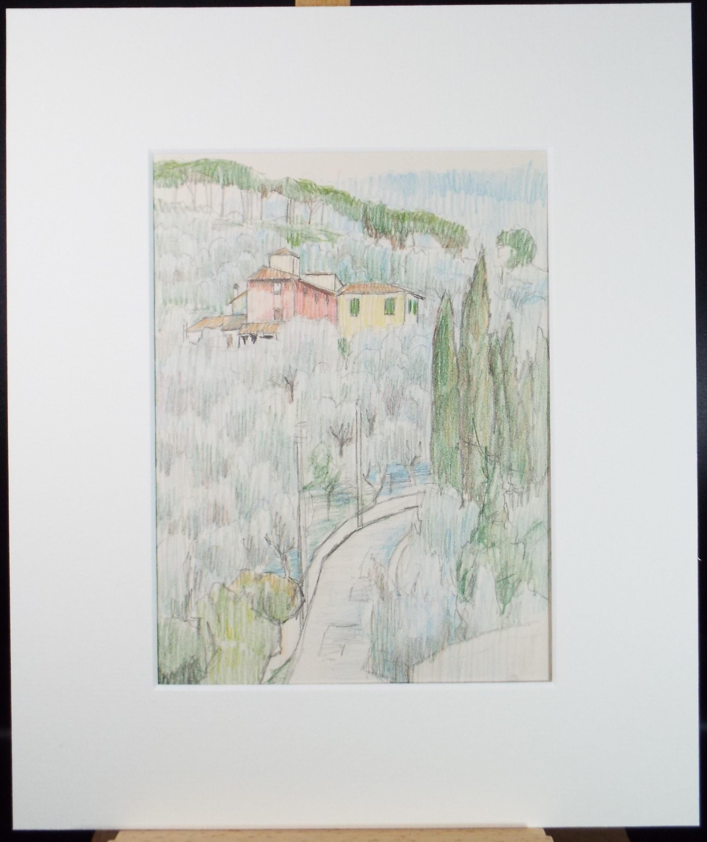 Original Pencil drawing, 'Italian Landscape', Circa 1970s, Pauline Plummer