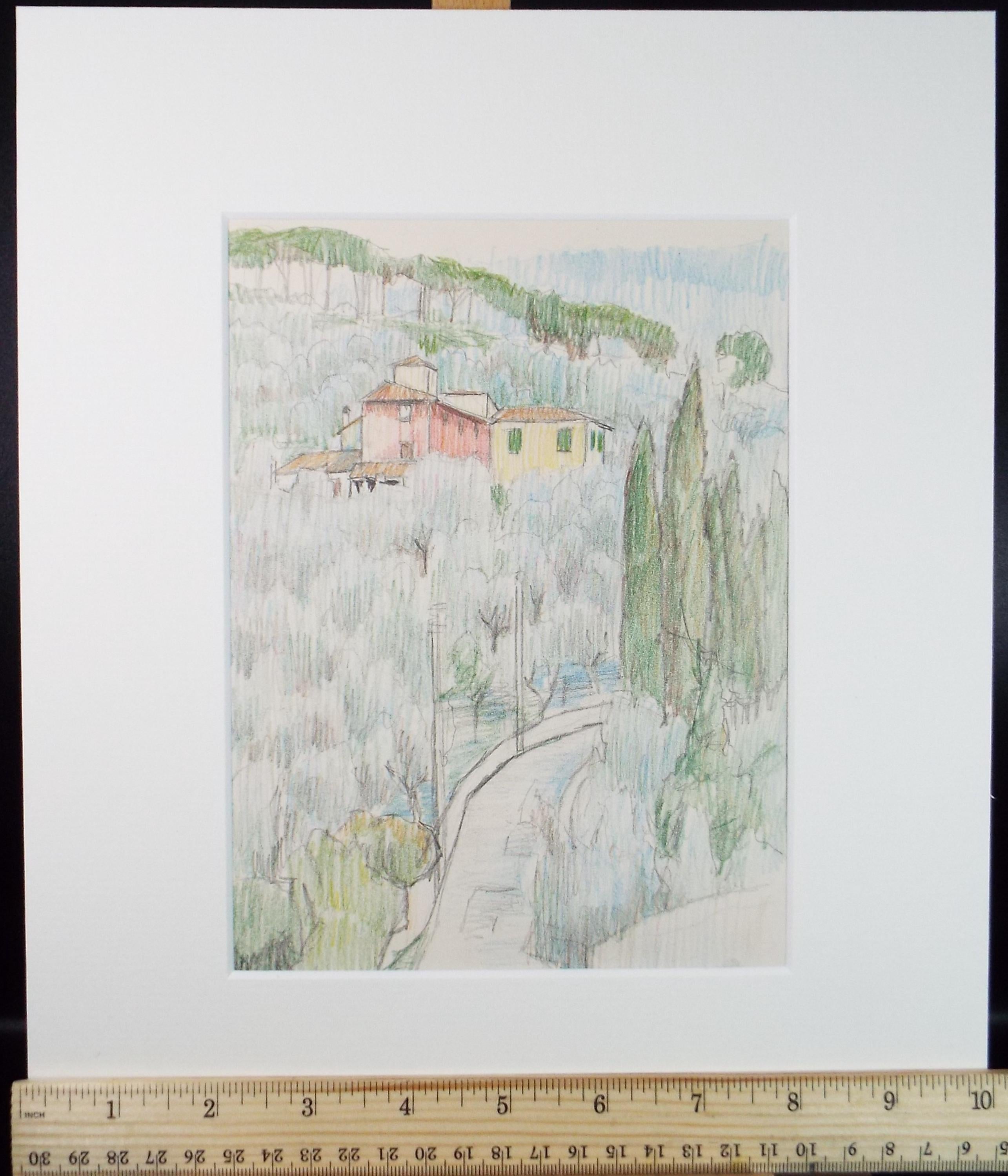 Original Pencil drawing, 'Italian Landscape', Circa 1970s, Pauline Plummer