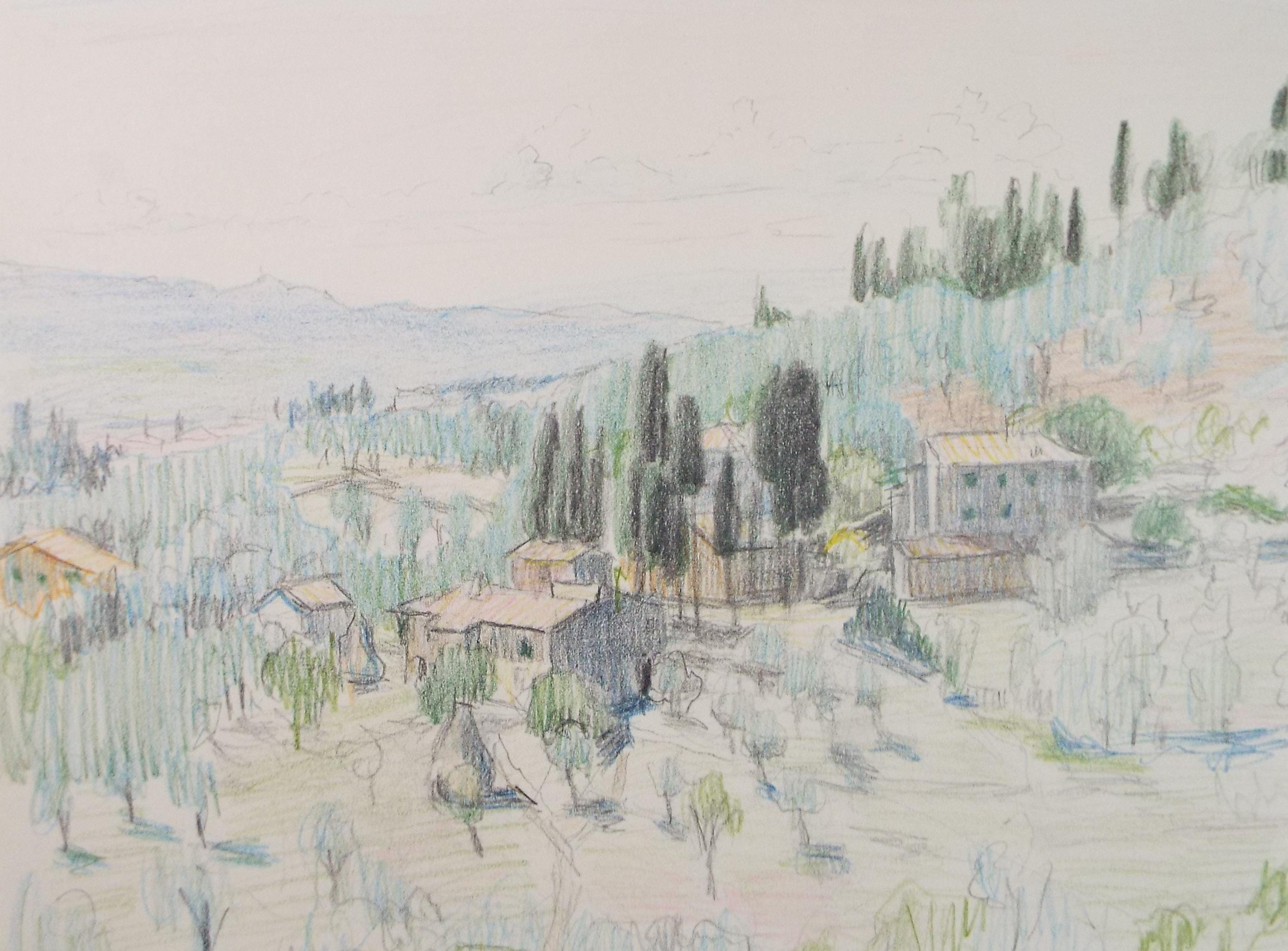 Original Pencil drawing, 'Italian Landscape', Circa 1970s, Pauline Plummer