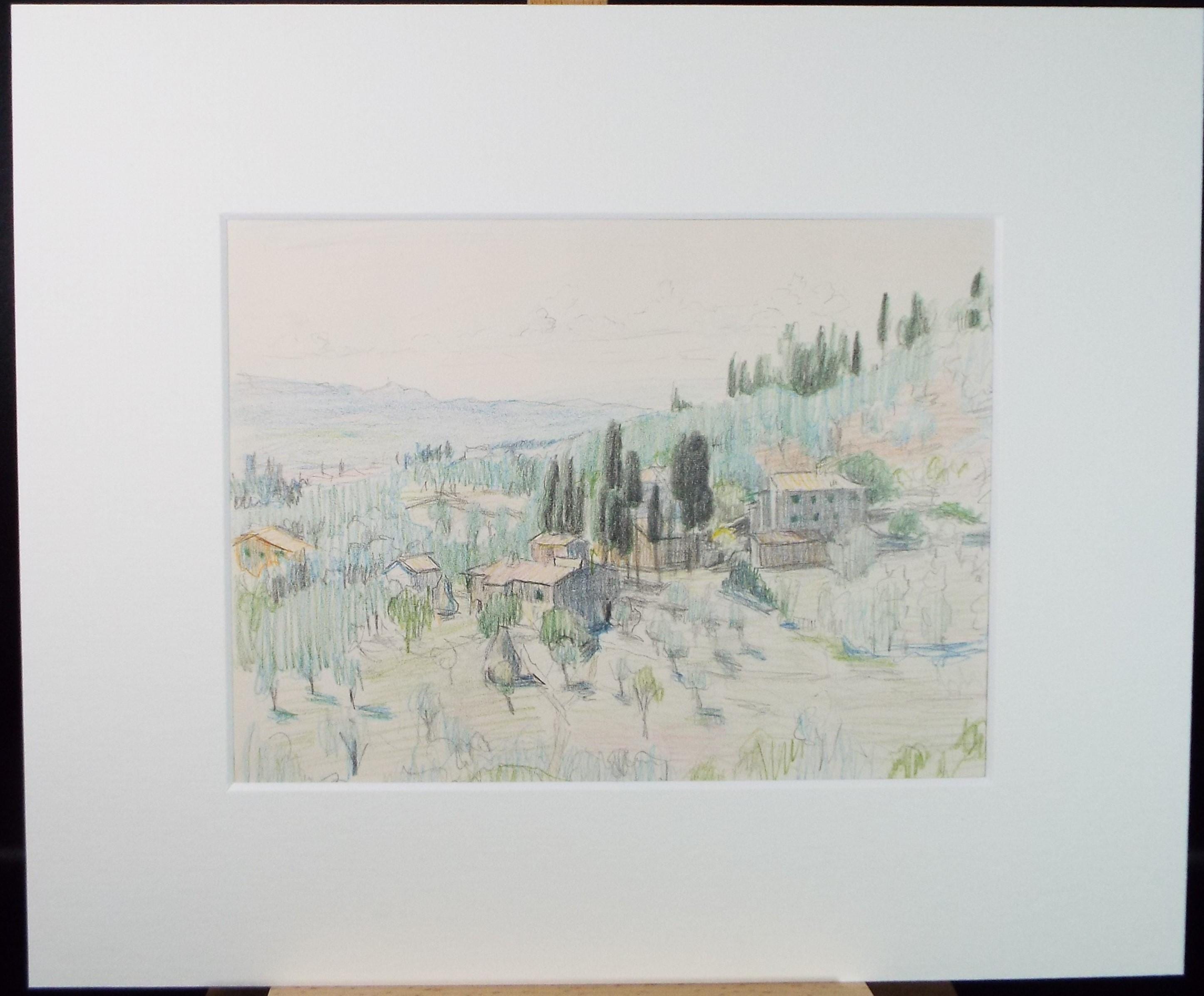 Original Pencil drawing, 'Italian Landscape', Circa 1970s, Pauline Plummer