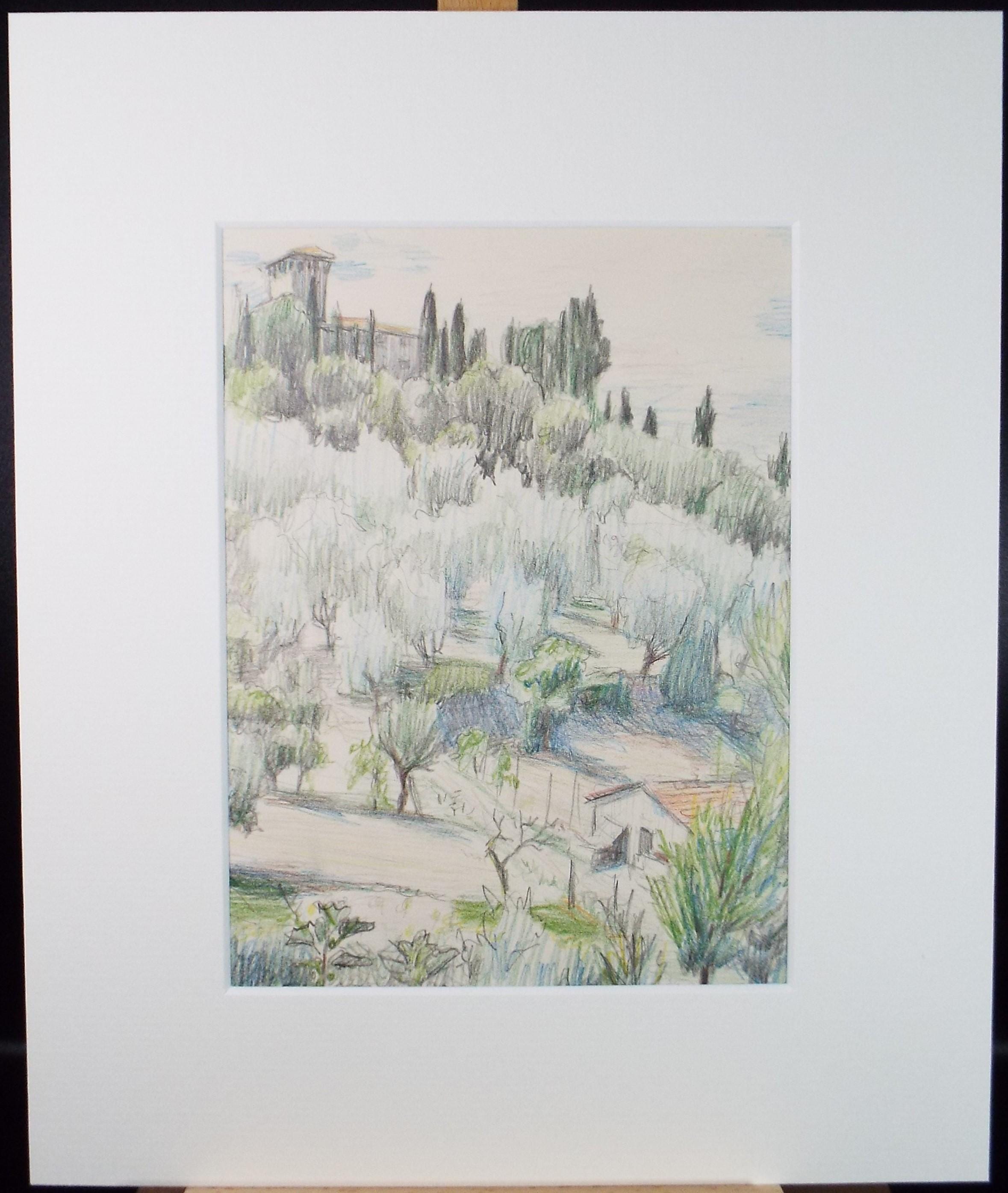 Original Pencil drawing, 'Italian Landscape', Circa 1970s, Pauline Plummer