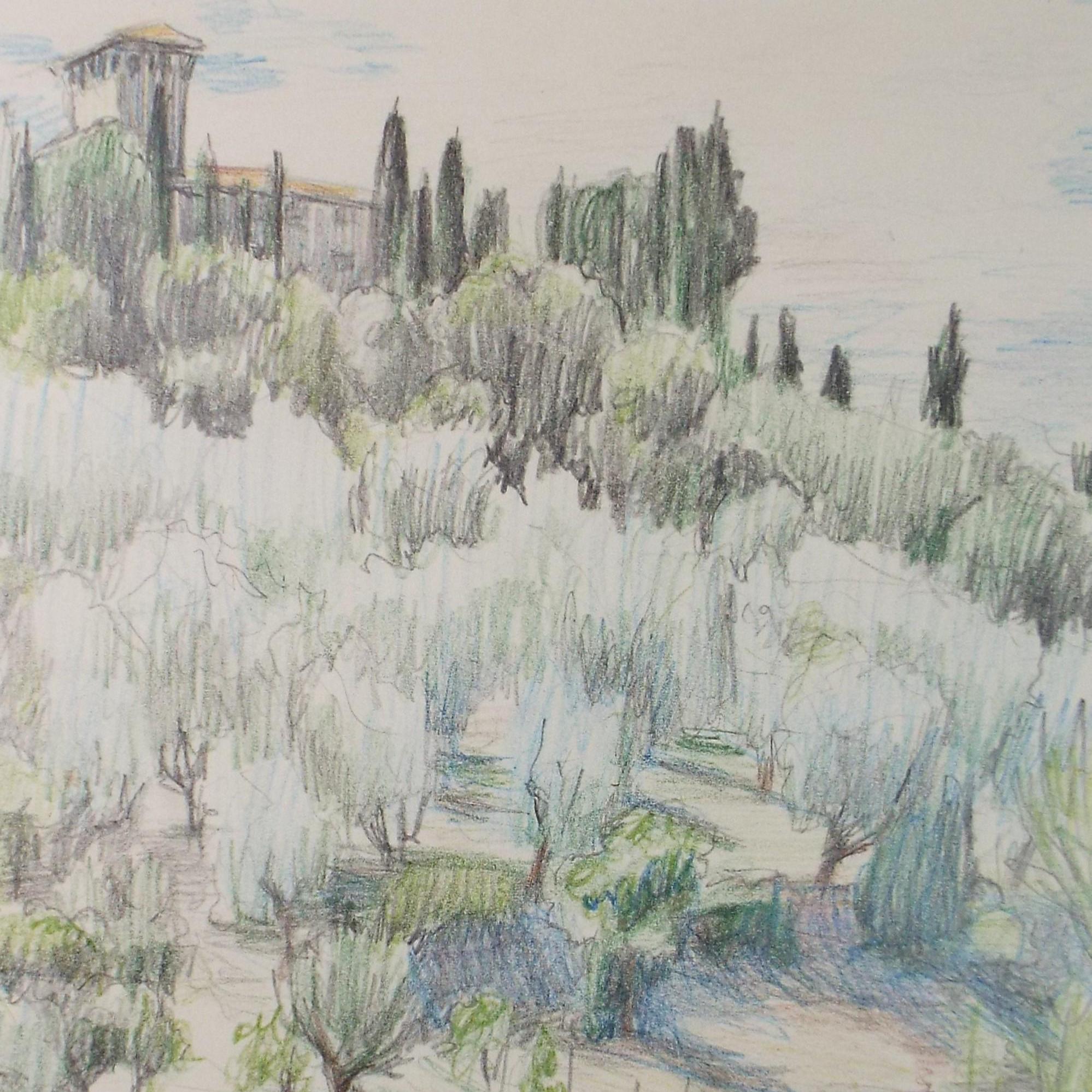 Original Pencil drawing, 'Italian Landscape', Circa 1970s, Pauline Plummer