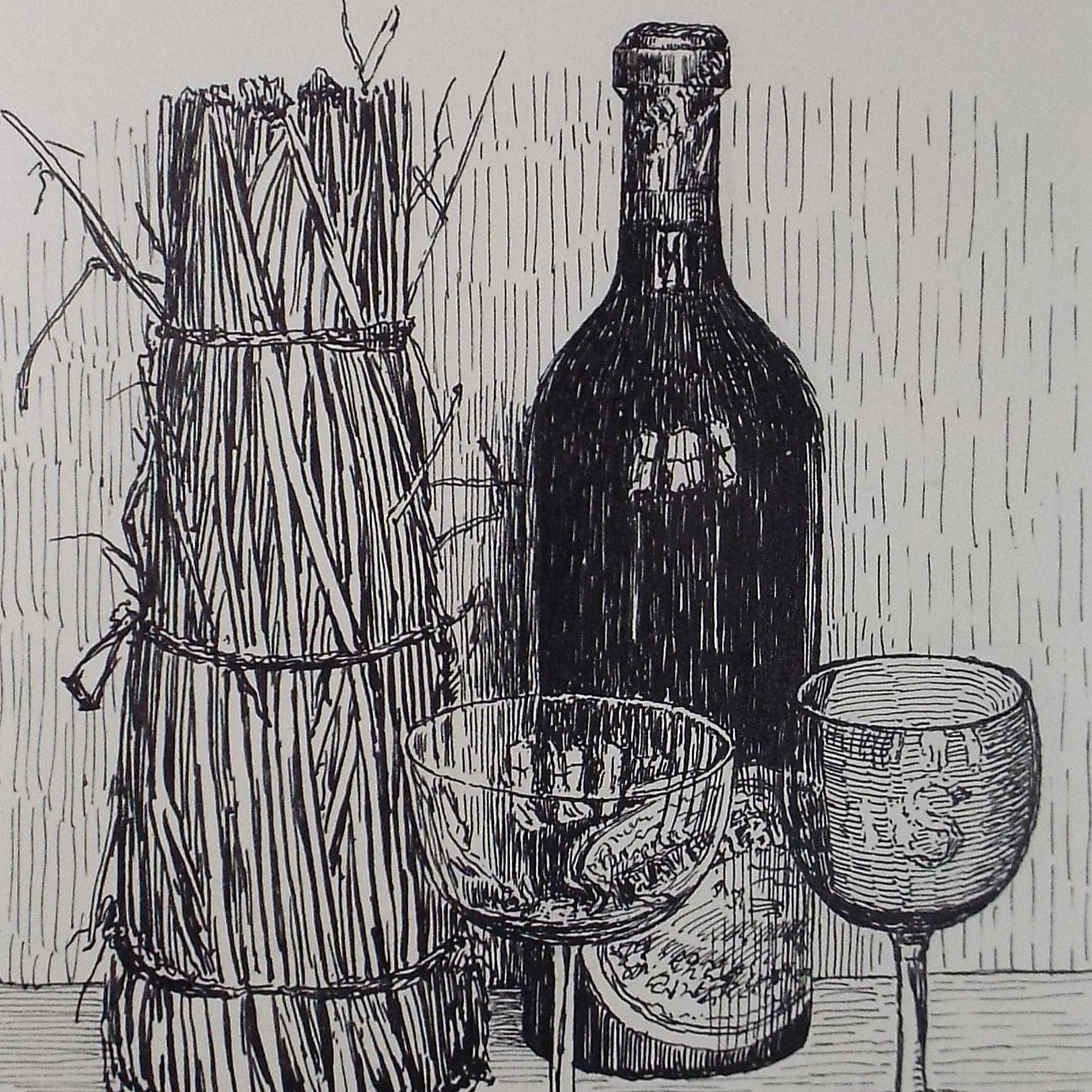 Original Pen and ink Sketch, 'Wine Bottle & Glasses', S A Southern, Dated 1909