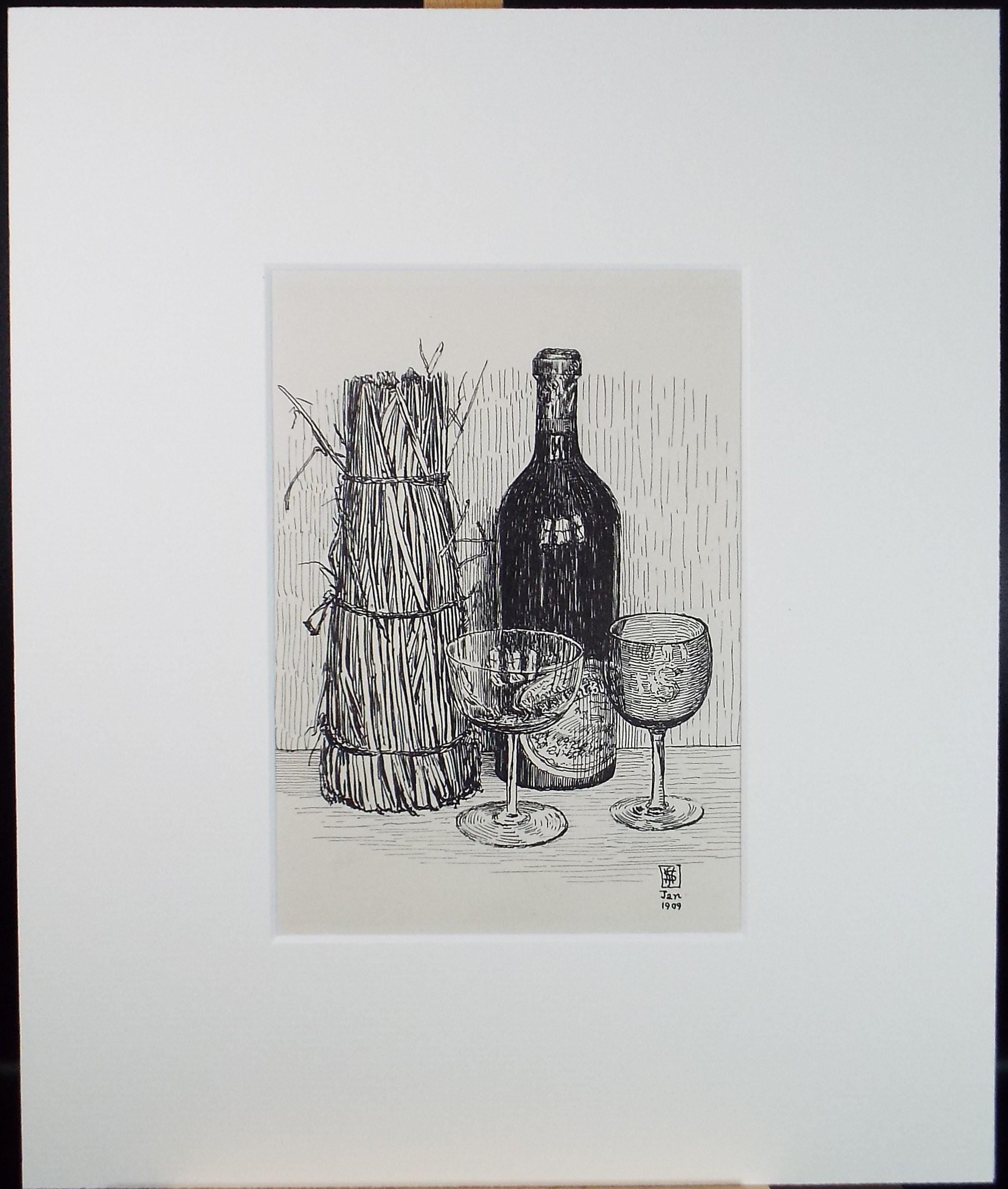 Original Pen and ink Sketch, 'Wine Bottle & Glasses', S A Southern, Dated 1909
