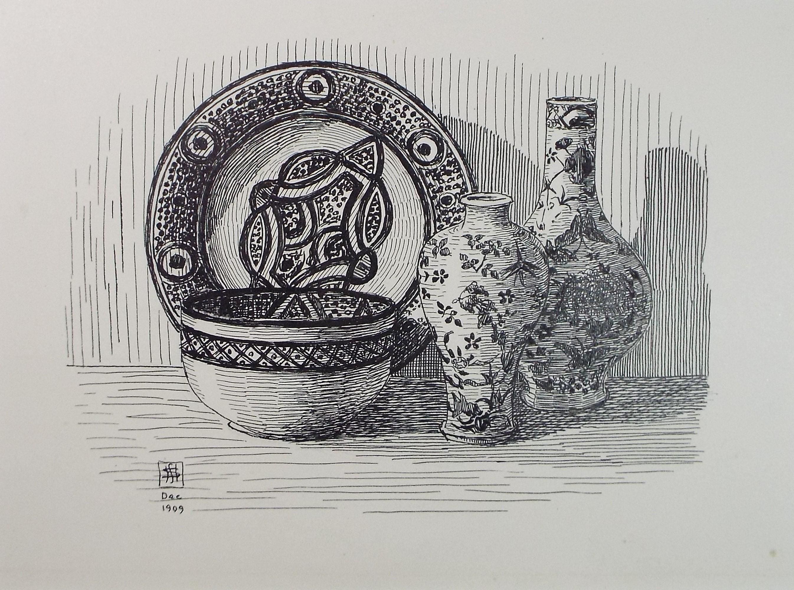 Original Pen and ink Sketch, 'Still Life of ceramics', S A Southern, Dated 1909