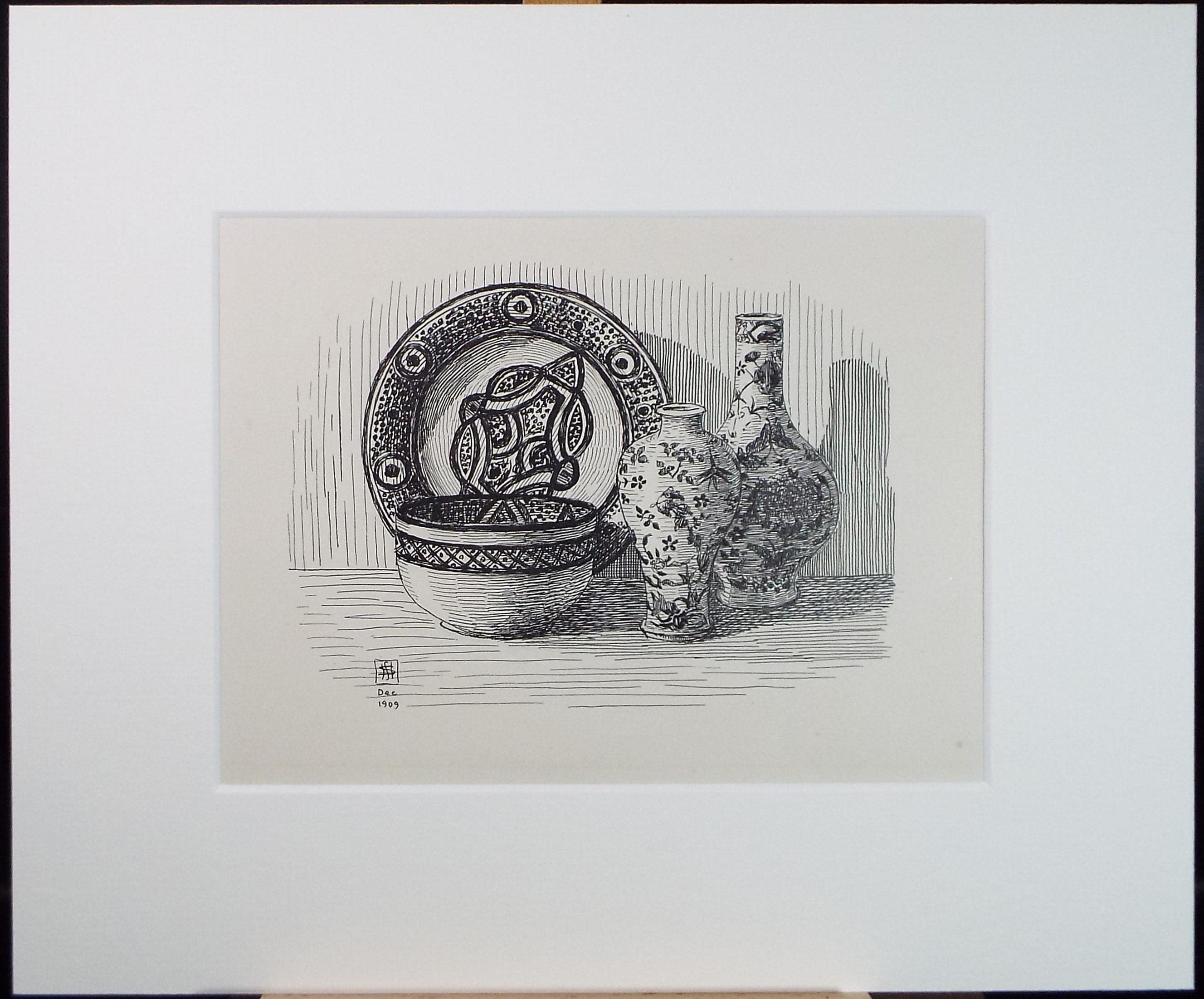 Original Pen and ink Sketch, 'Still Life of ceramics', S A Southern, Dated 1909