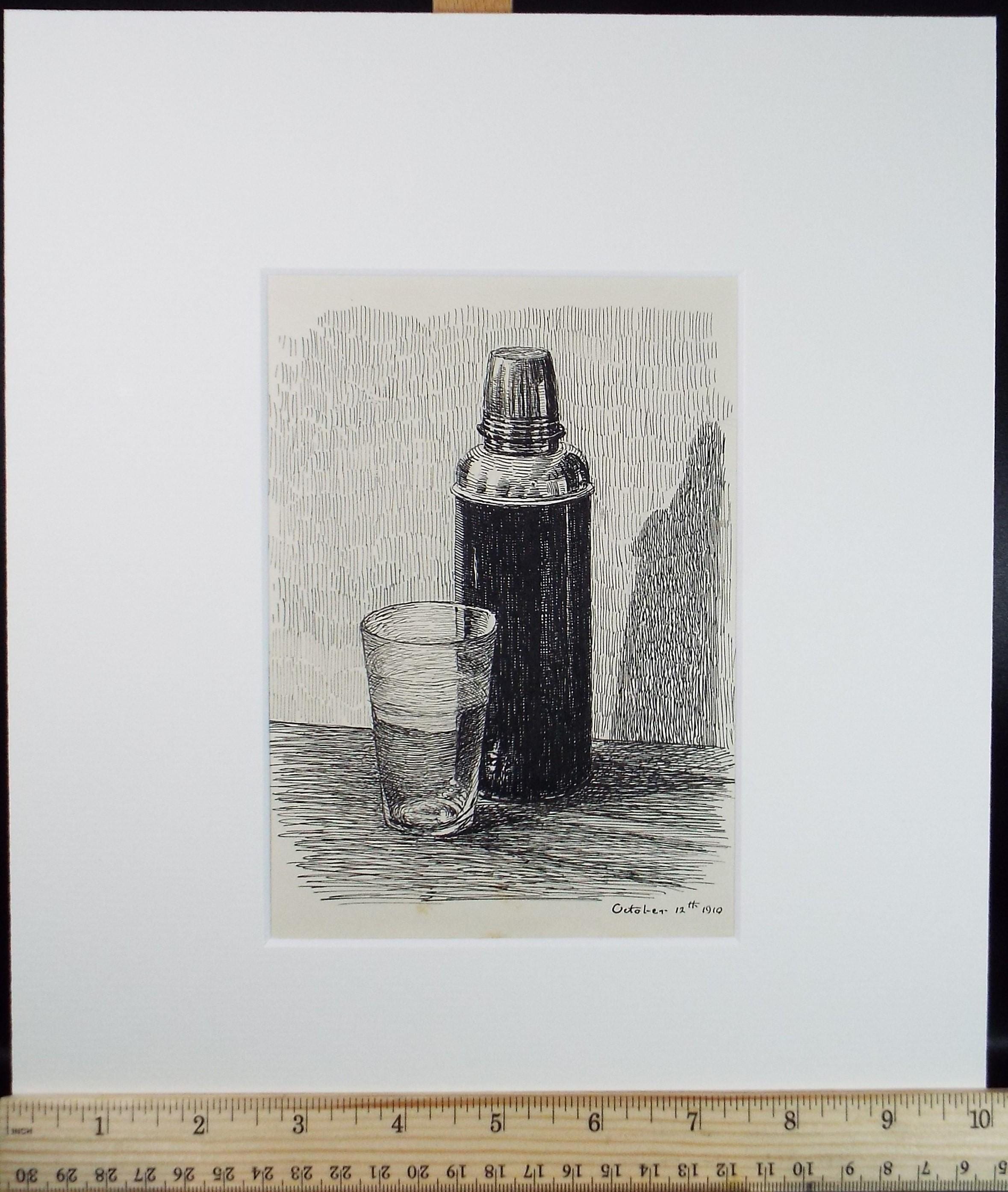 Original Pen and ink Sketch, 'Still Life of flask & glass', S A Southern, Dated 1910