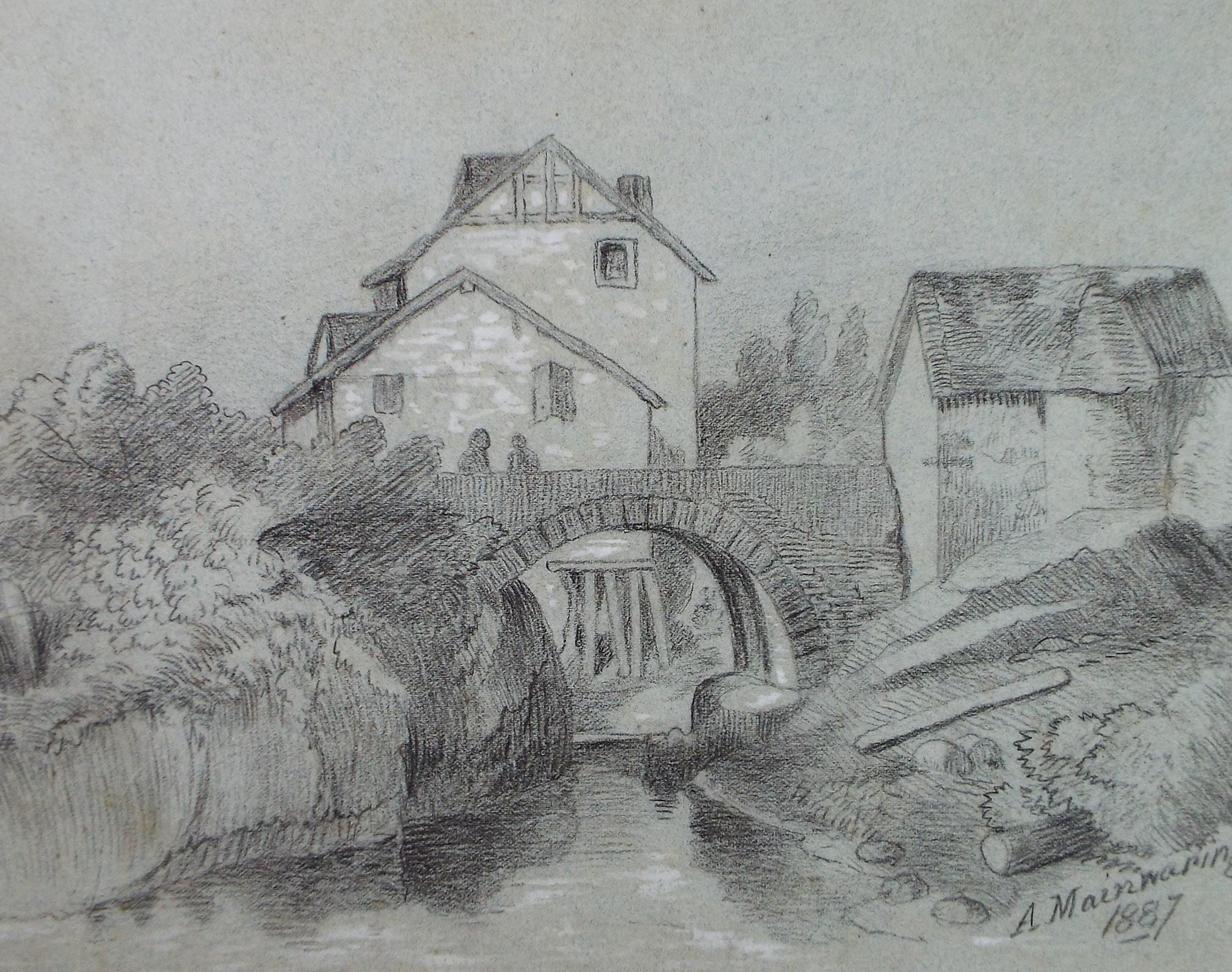 Original Pencil Drawing, 'Warehouse & figures', A Mainwaring, dated 1887