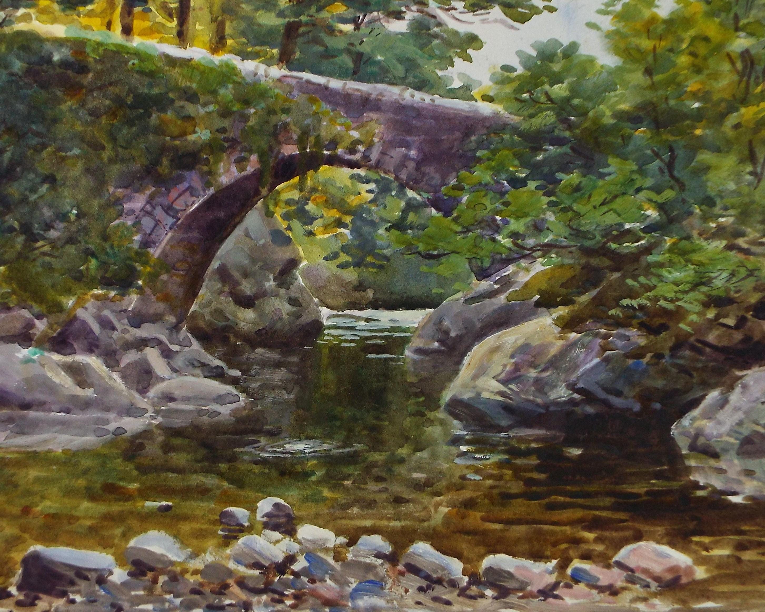 Original Watercolour, 'Bridge Over the River', unknown artist, early 20th Cen