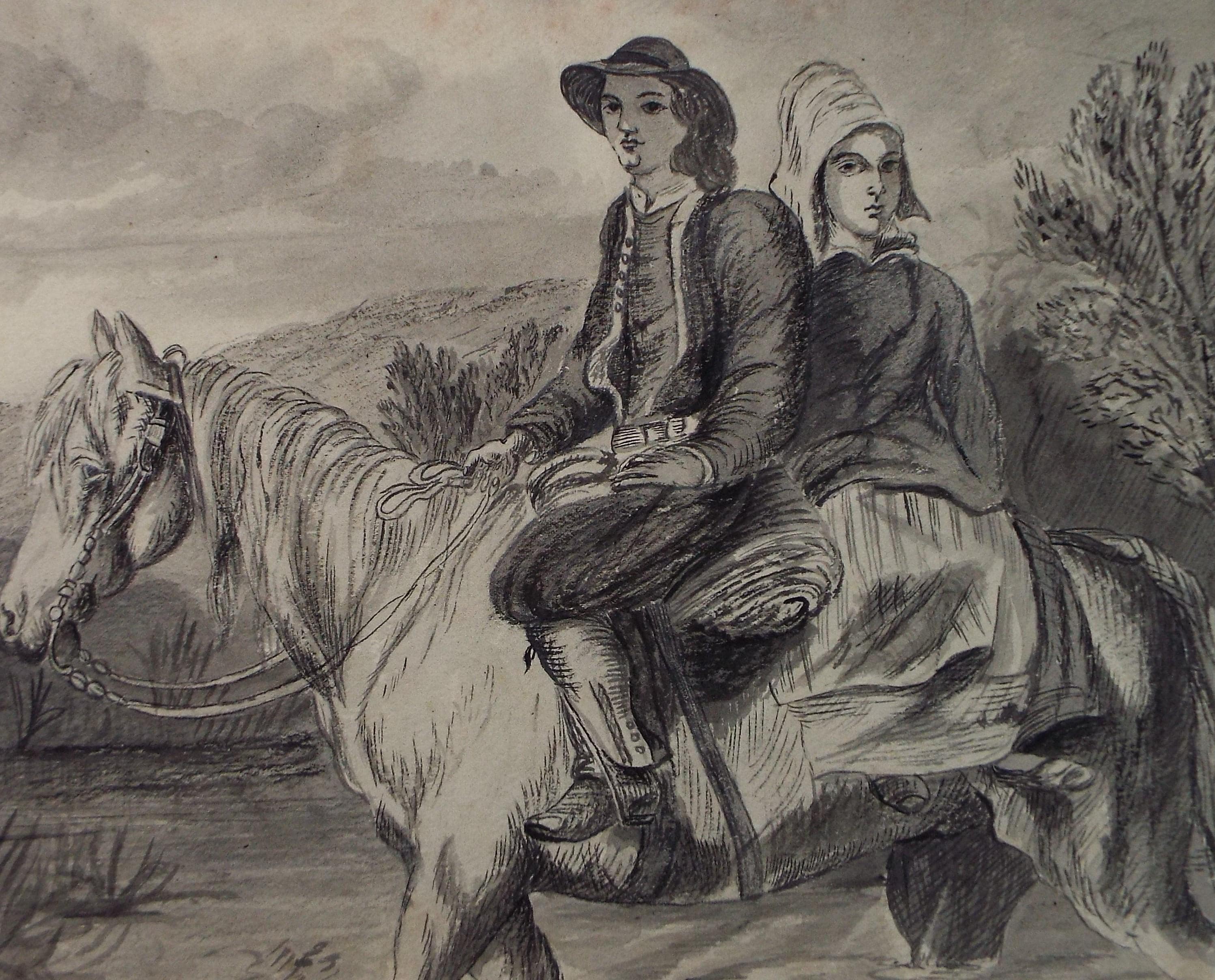 Ink & wash drawing, 'two figures riding', unknown artist, late 19th Century