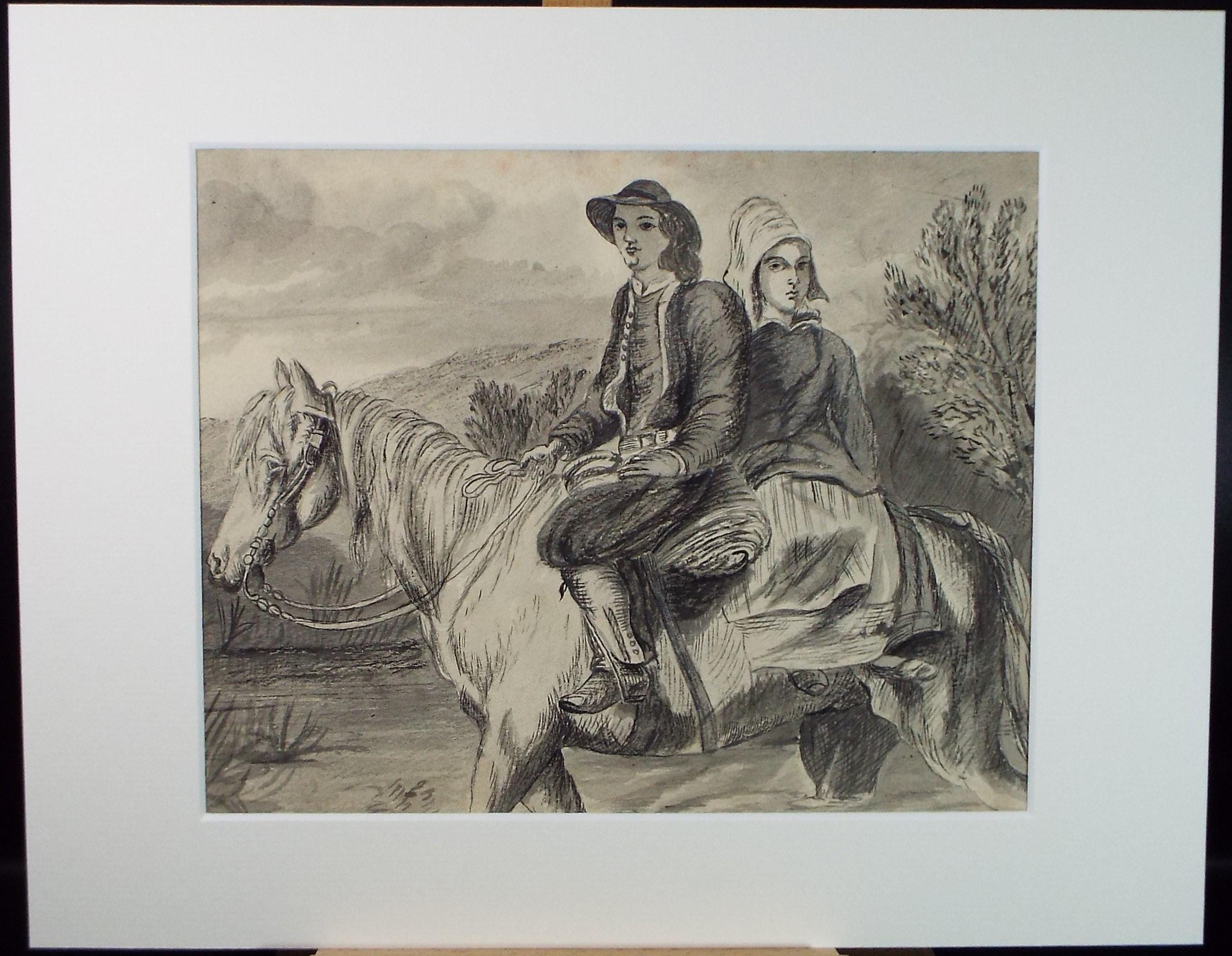 Ink & wash drawing, 'two figures riding', unknown artist, late 19th Century