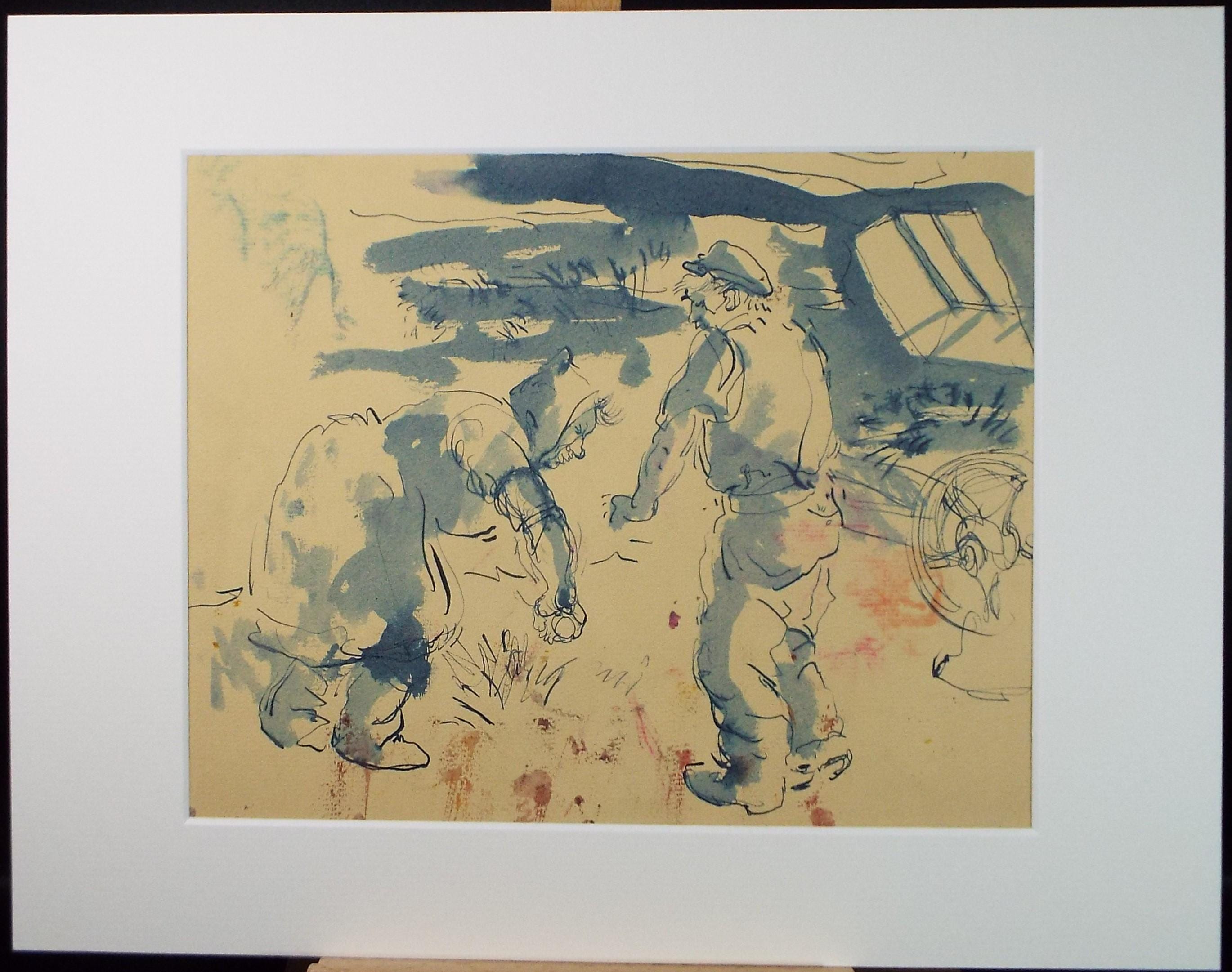 Vintage Farming Figures Watercolour Painting - William D Clyne (c1950s)