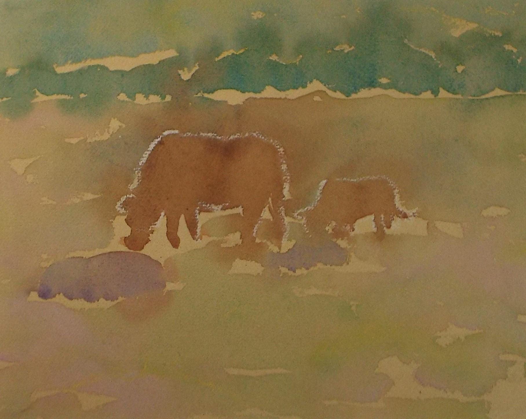 Vintage Cattle Grazing Watercolour Painting - William D Clyne c1950s