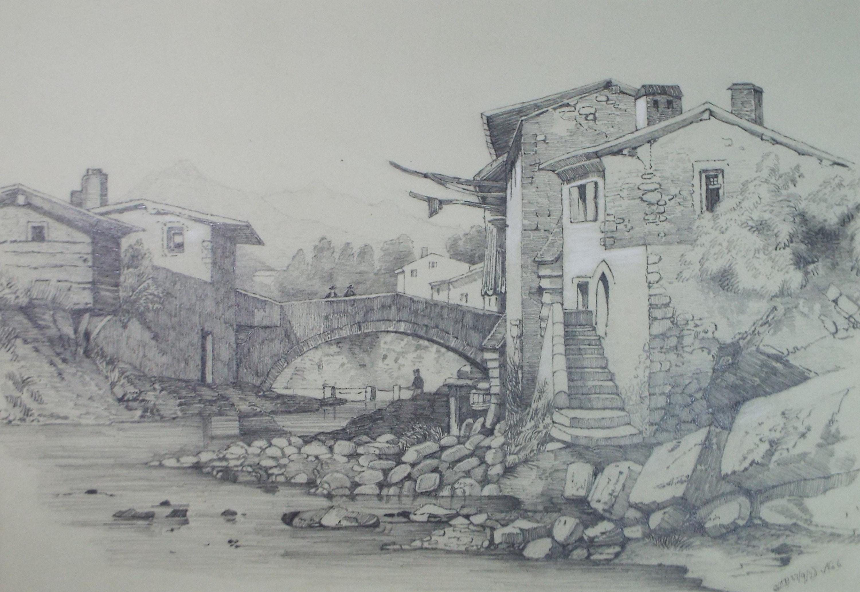 Pencil Drawing, 'Figures on a Bridge', Dated 1878, Artist Unknown