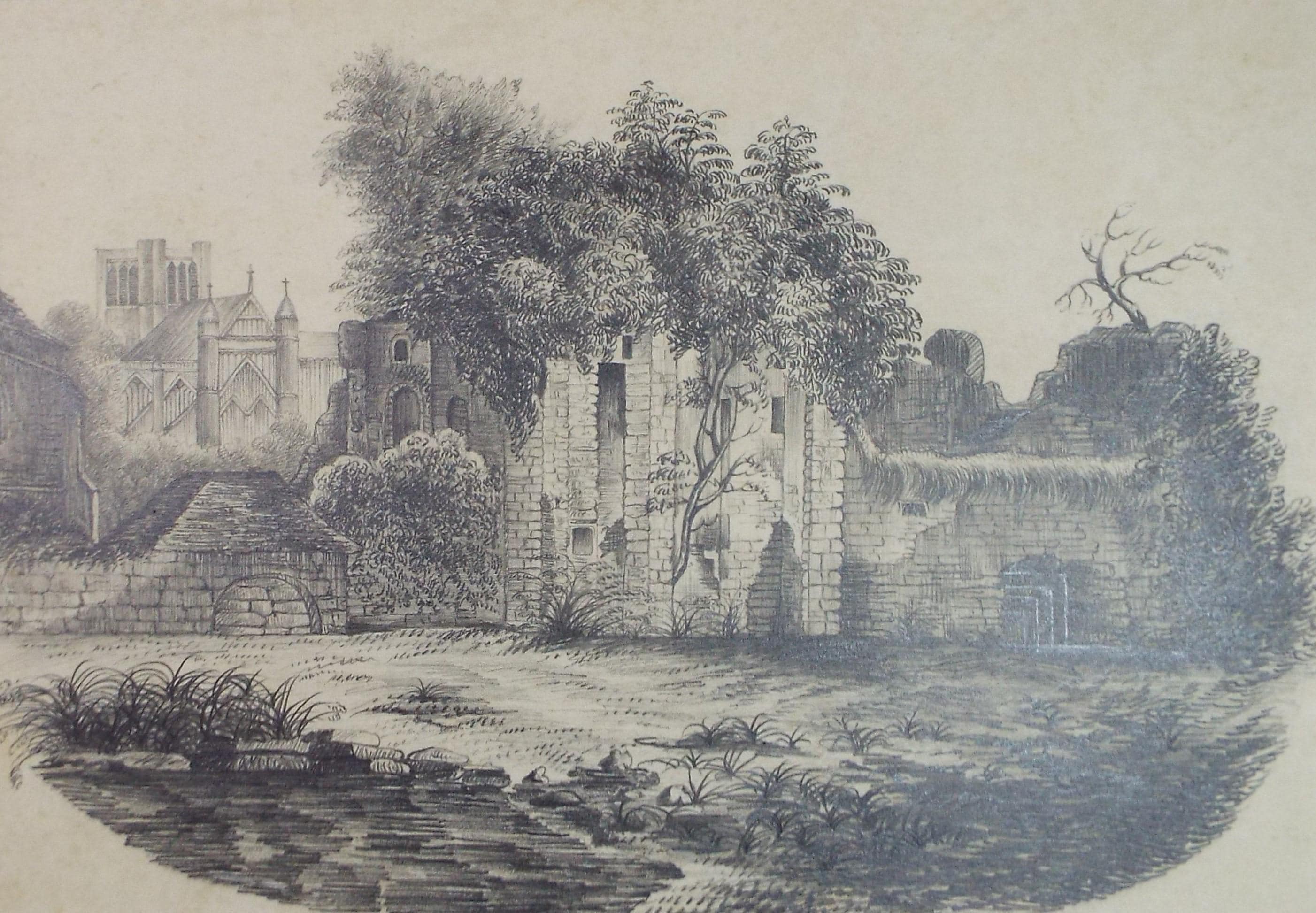 Original Pencil Drawing,' Abbey Ruins', unknown Artist, Late 19th Century