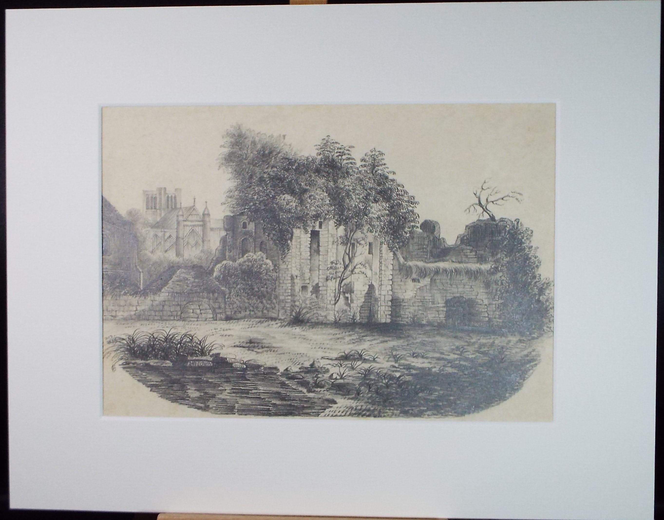 Original Pencil Drawing,' Abbey Ruins', unknown Artist, Late 19th Century