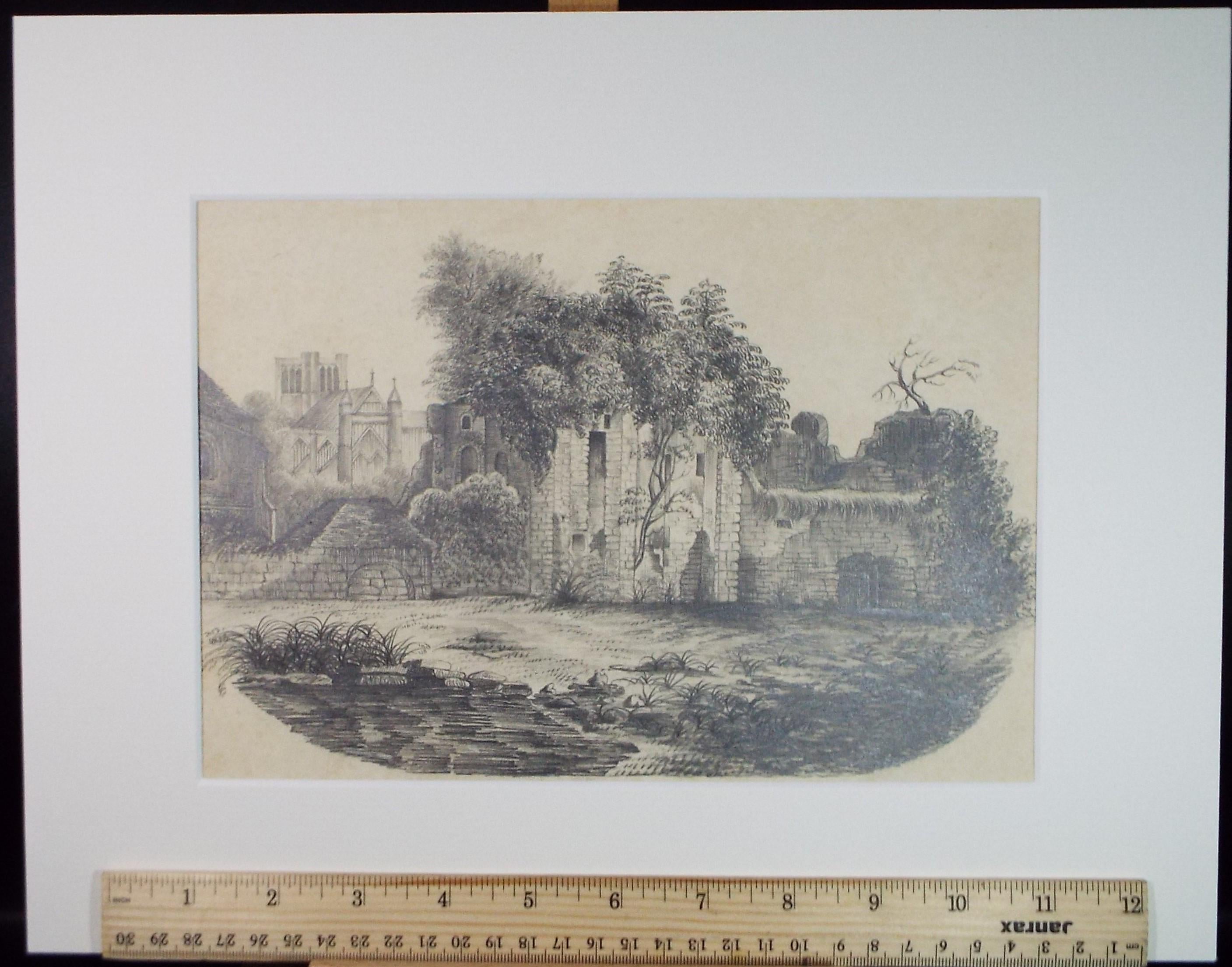 Original Pencil Drawing,' Abbey Ruins', unknown Artist, Late 19th Century