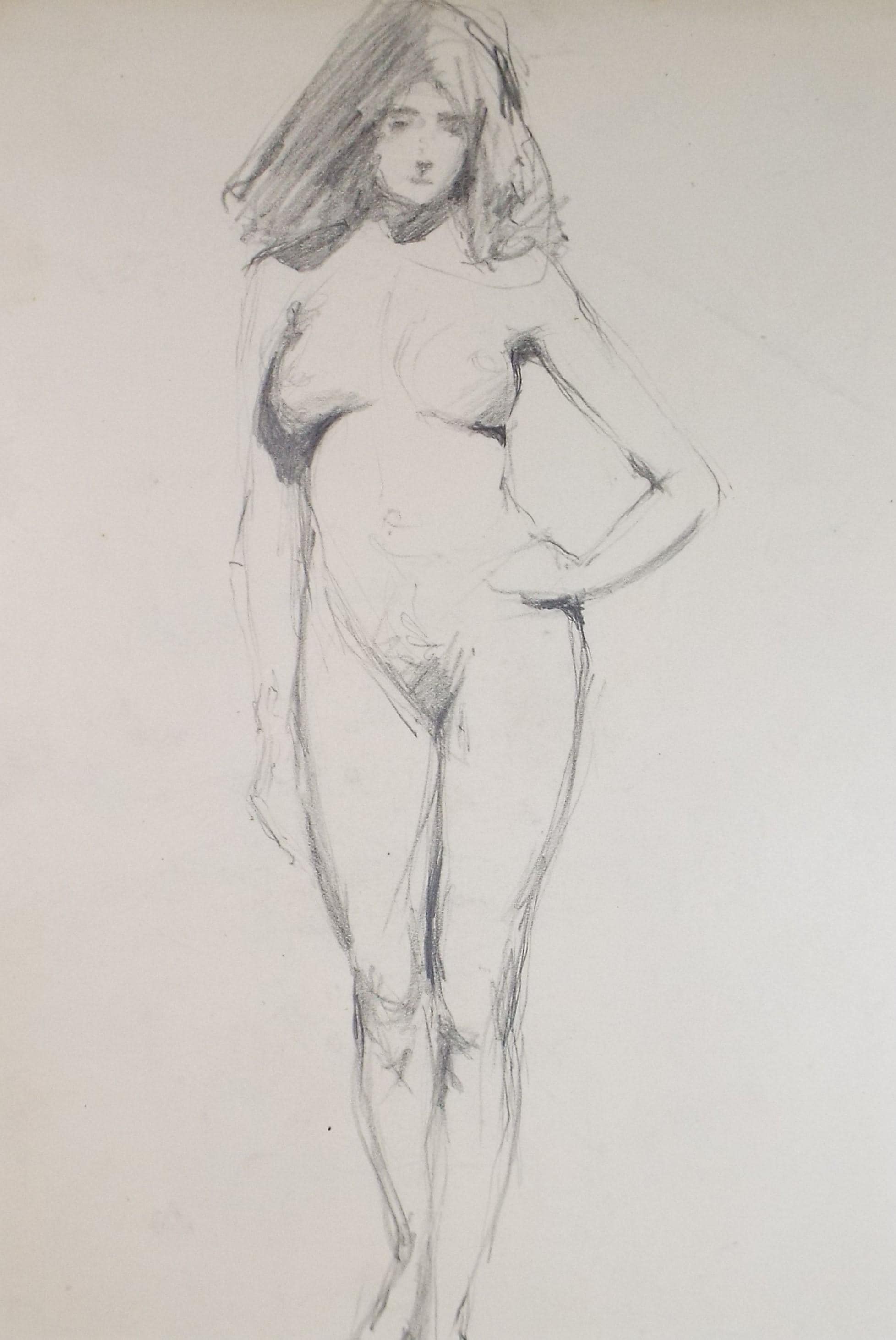Original Pencil Drawing, 'Female Standing Nude', Dated 1902, Initials GR