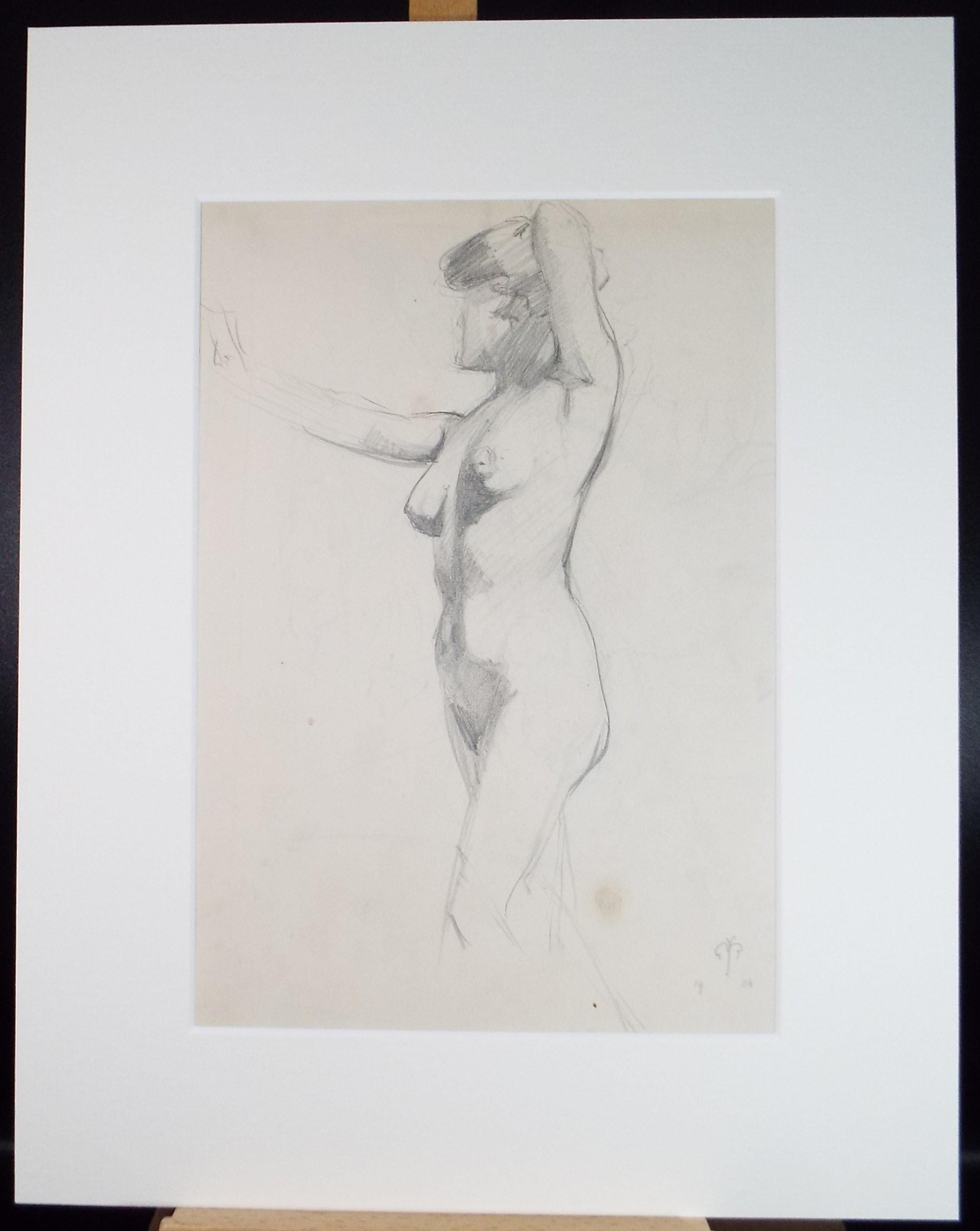 Original Pencil Drawing, 'Female Standing Nude', Dated 1904, Initials GR