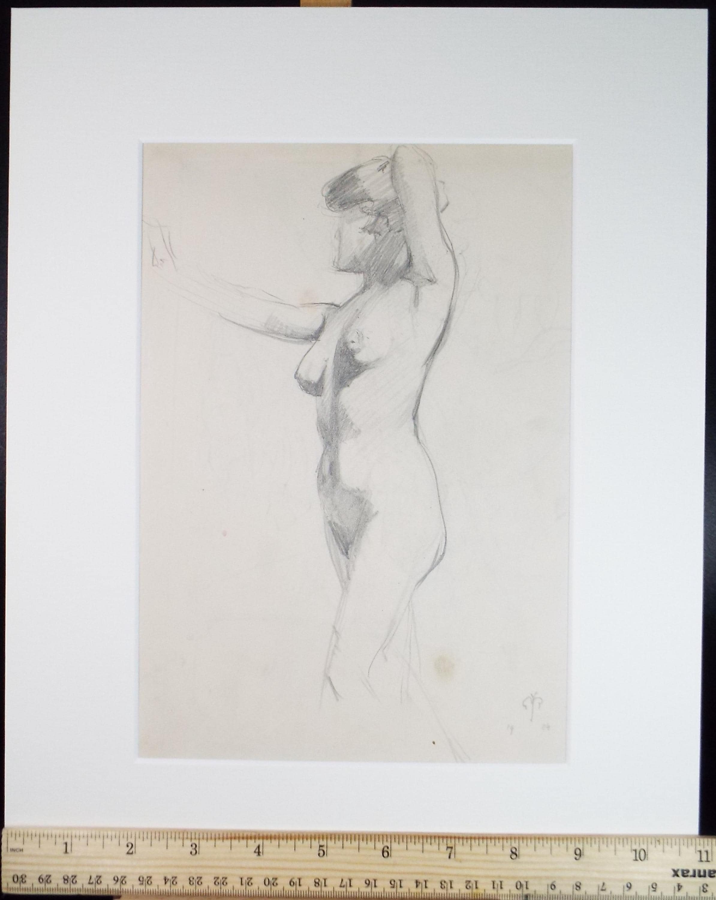 Original Pencil Drawing, 'Female Standing Nude', Dated 1904, Initials GR
