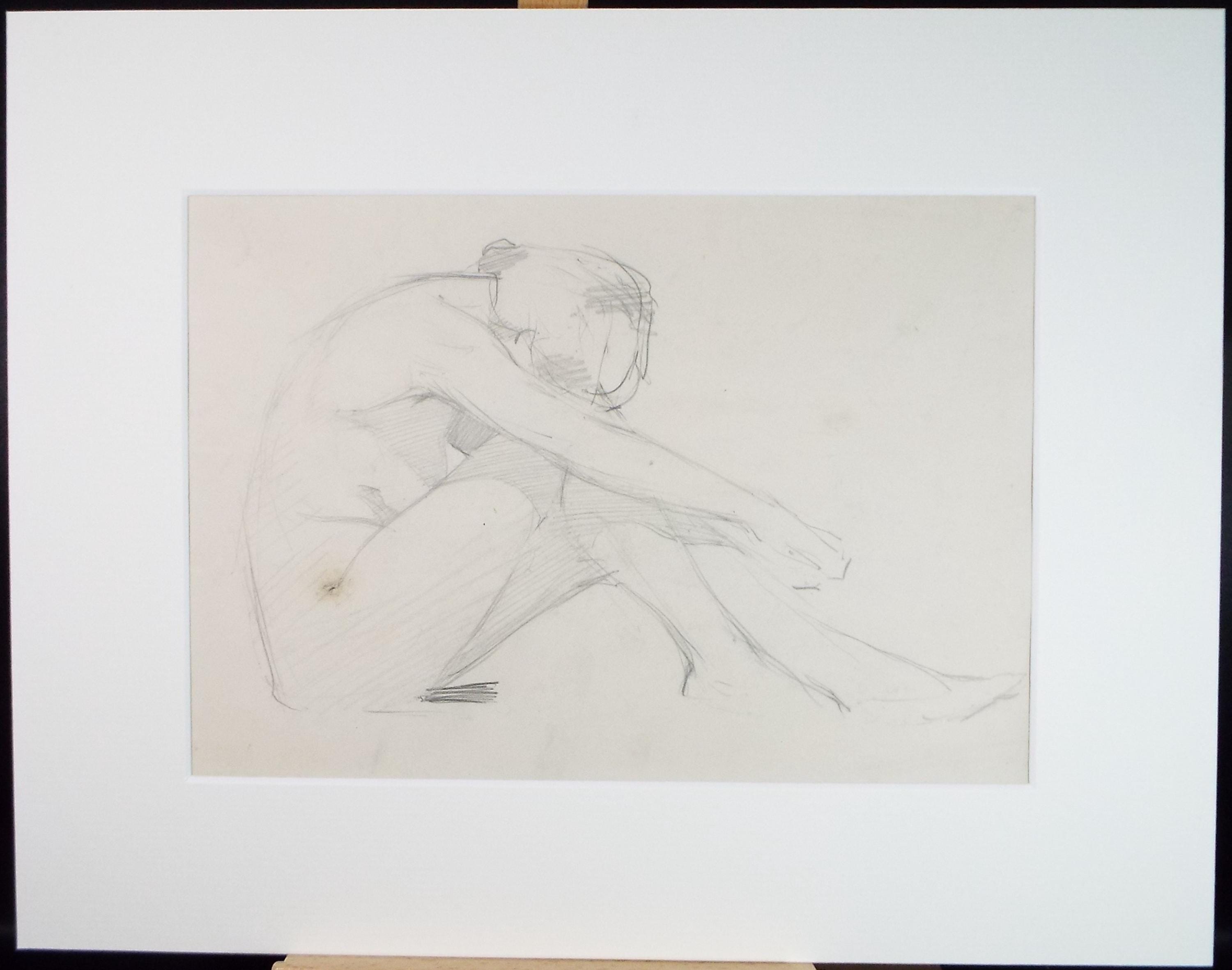 Original Pencil Drawing, 'Crouching figure', Dated 1904, Initials GR