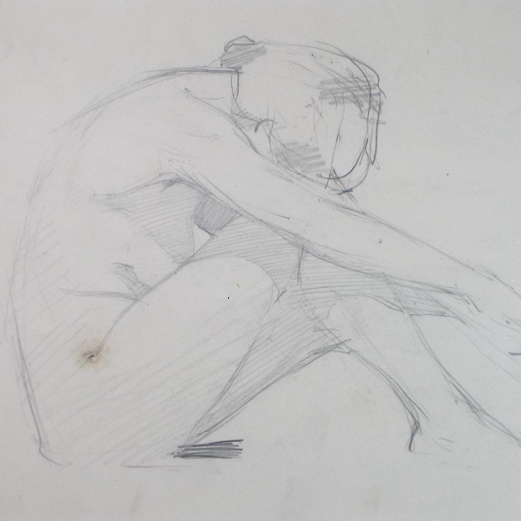 Original Pencil Drawing, 'Crouching figure', Dated 1904, Initials GR