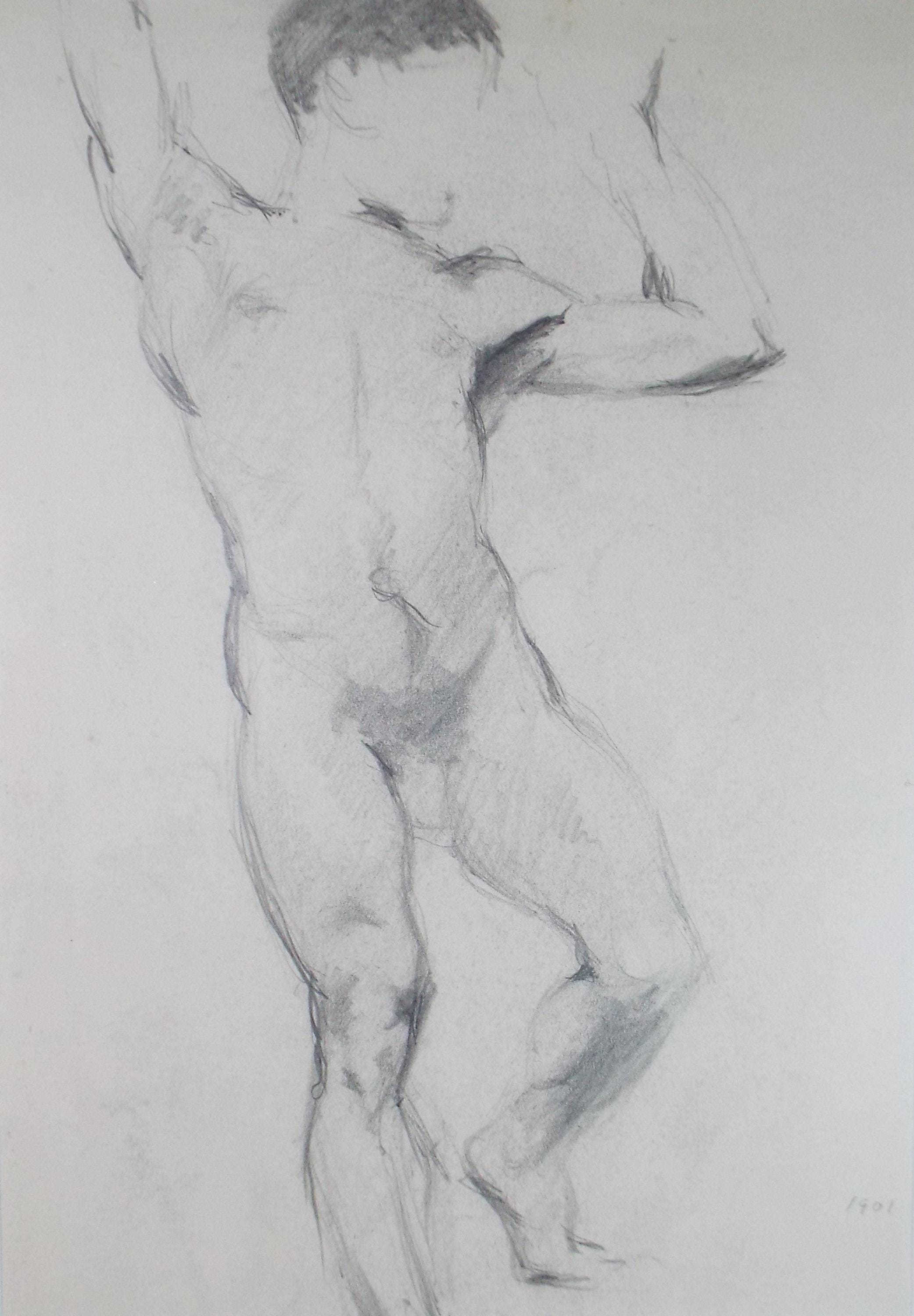 Original Pencil Drawing, 'Male Nude', Dated 1901