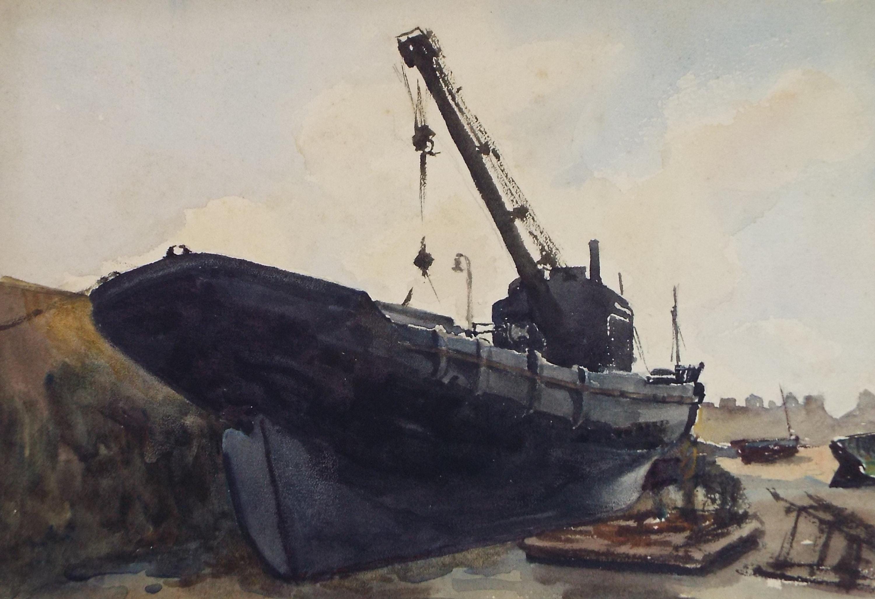 Original Watercolour, 'Freighter', 20th Century French school, Dated 1928
