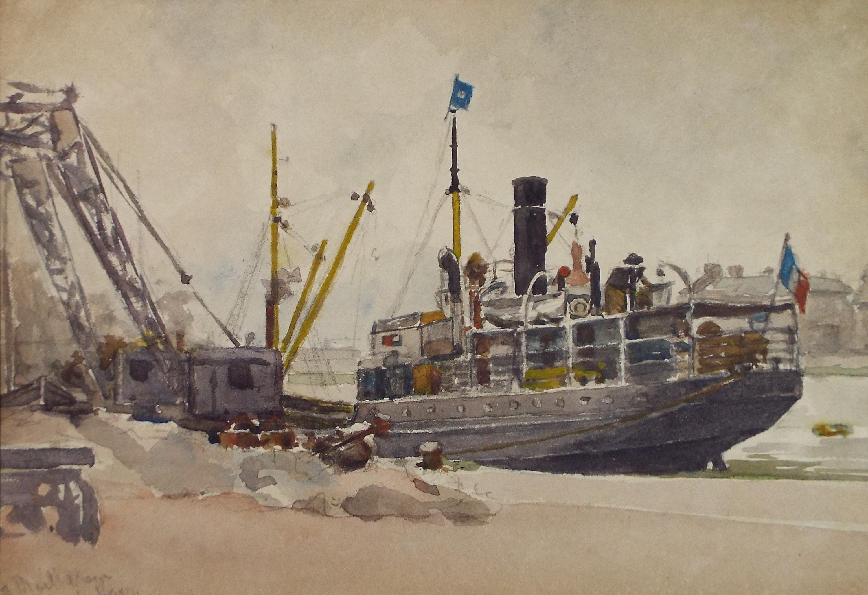 Original Watercolour, 'Freighter, Le Havre', 20th Century French school, 1929