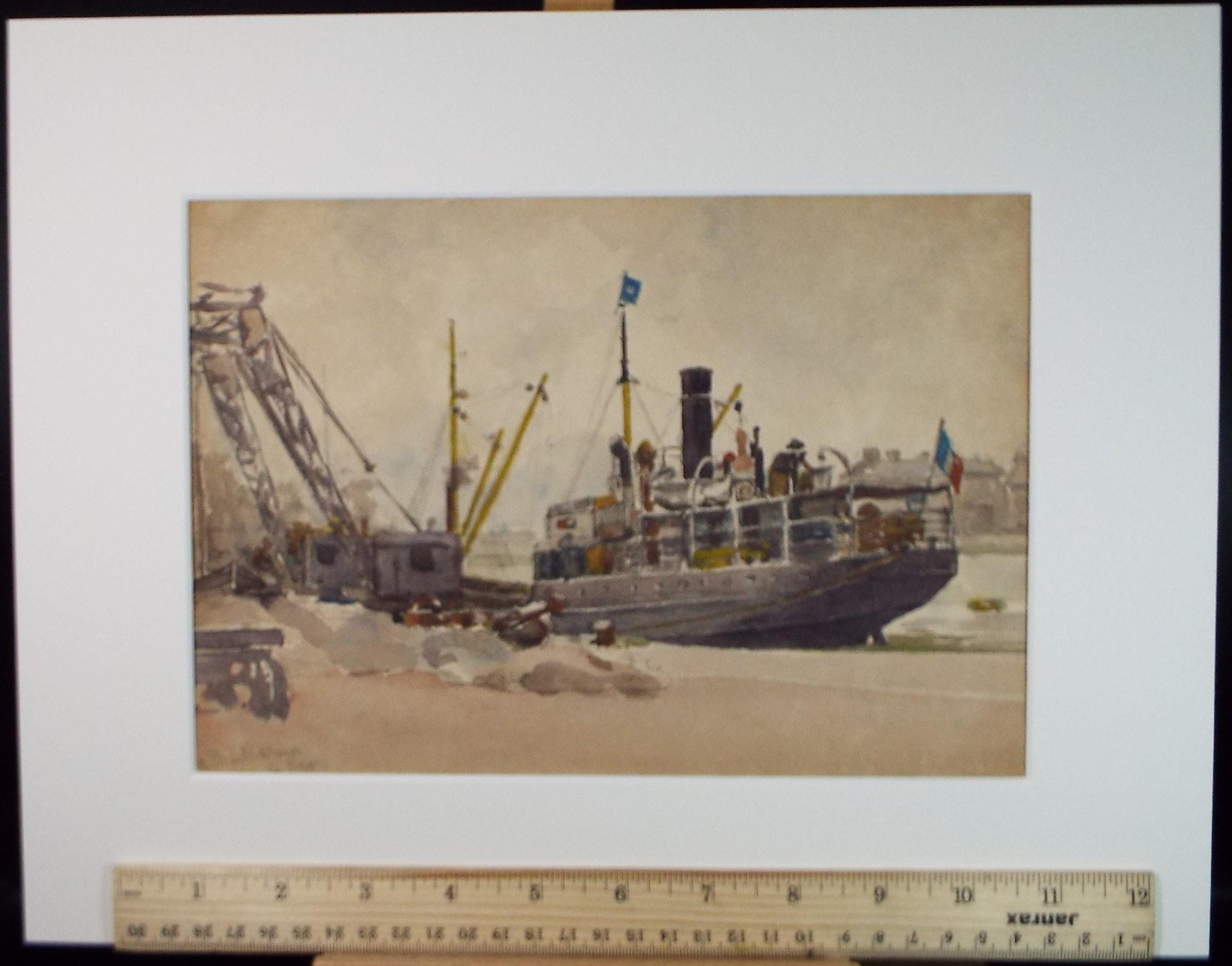 Original Watercolour, 'Freighter, Le Havre', 20th Century French school, 1929