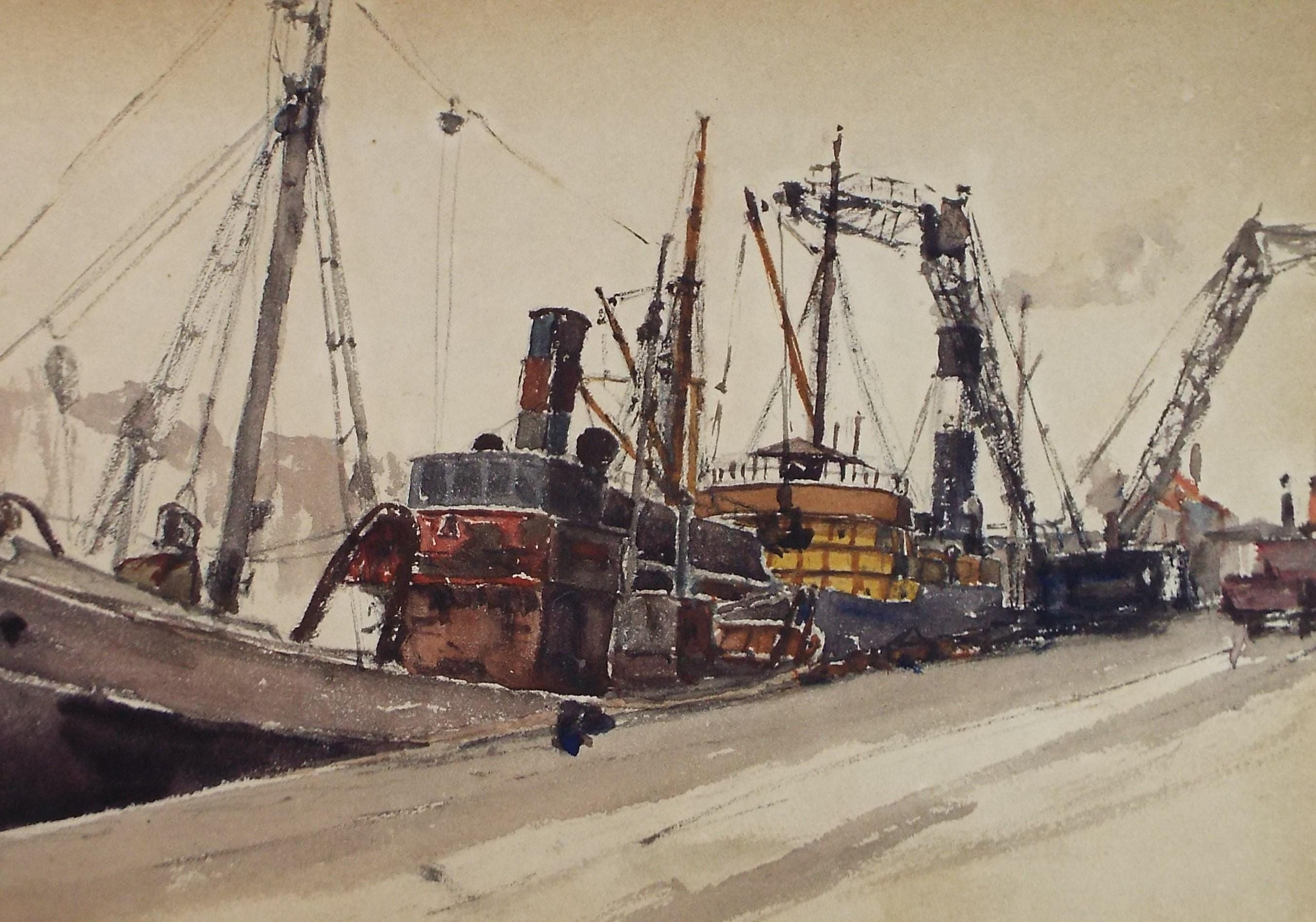 Original Watercolour, 'Freighter', 20th Century French school, 1928