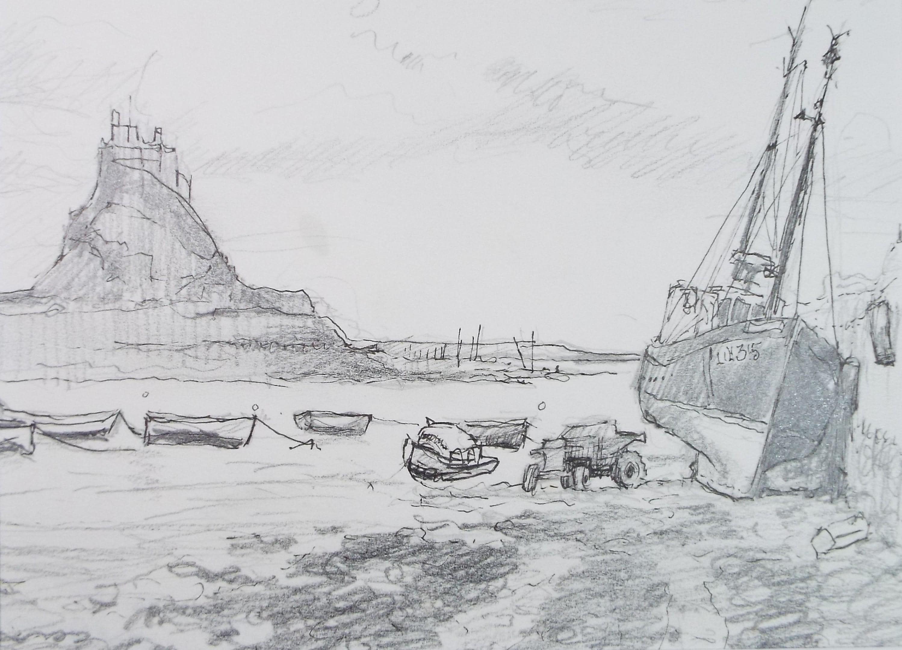 Pencil drawing 'Lindisfarne with boats', Pauline Plummer (b1933), Circa 1990's
