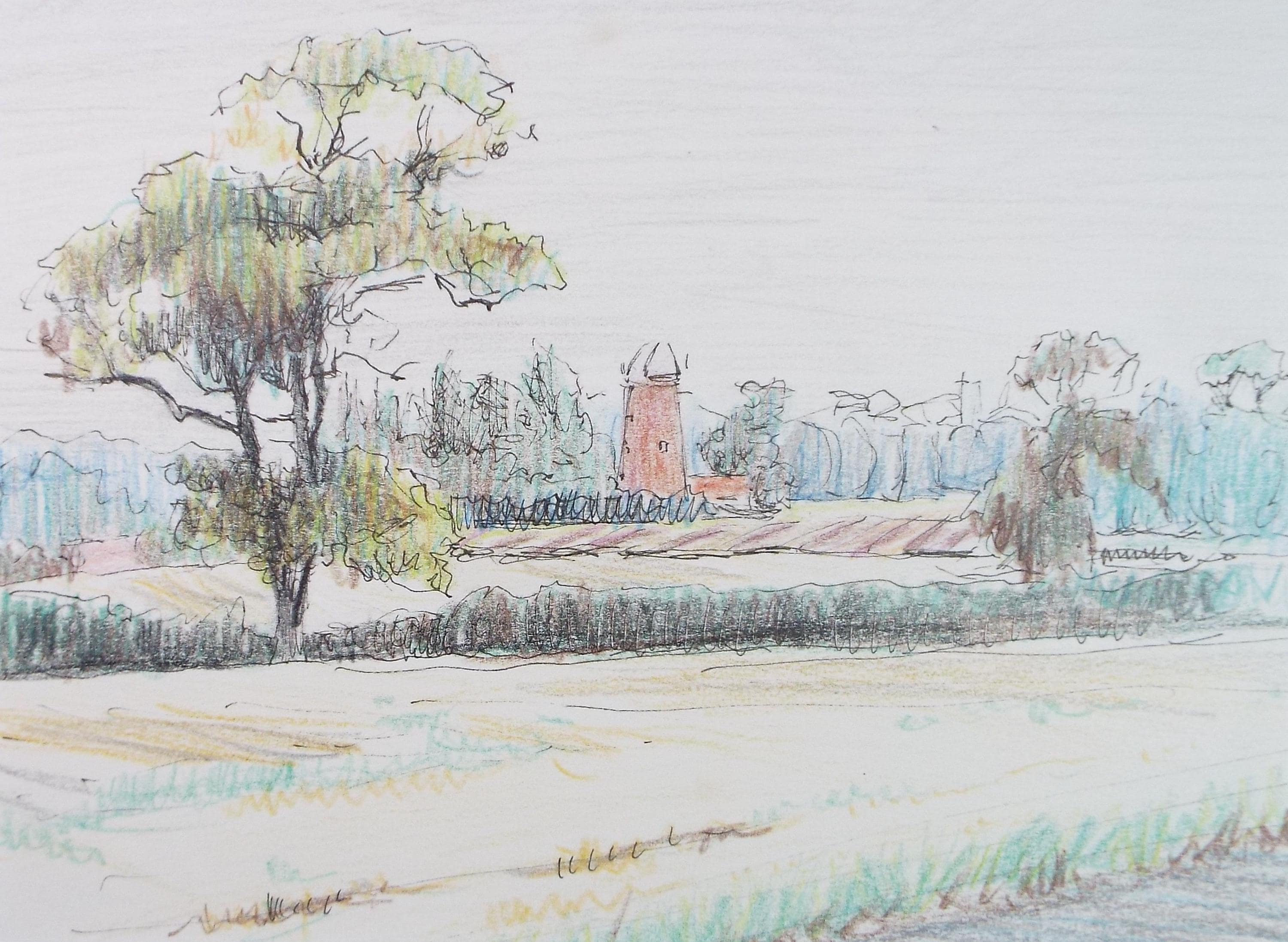 Original coloured pencil, 'Sail less Windmill', Circa 1990's, Pauline Plummer (b1933)