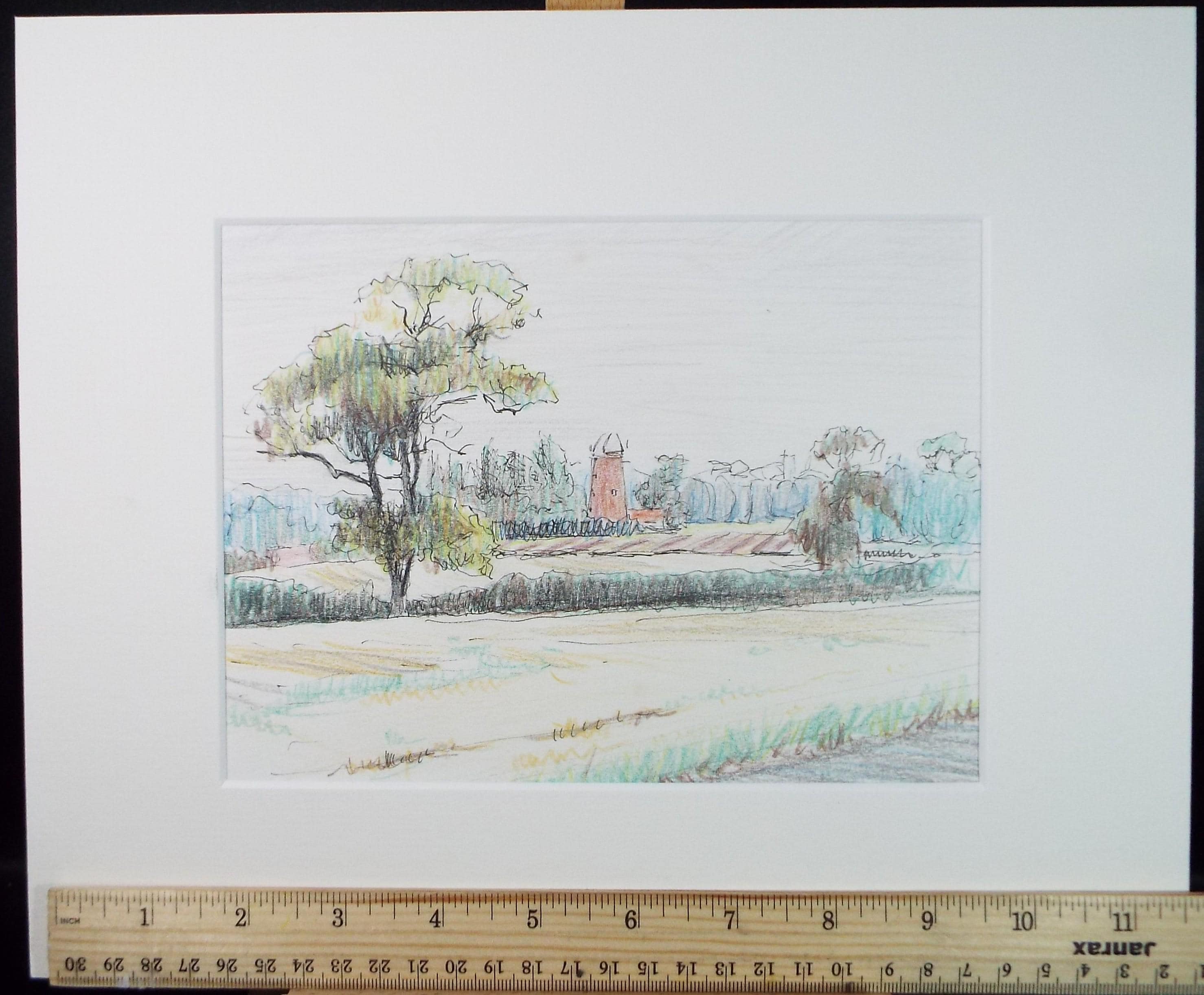 Original coloured pencil, 'Sail less Windmill', Circa 1990's, Pauline Plummer (b1933)